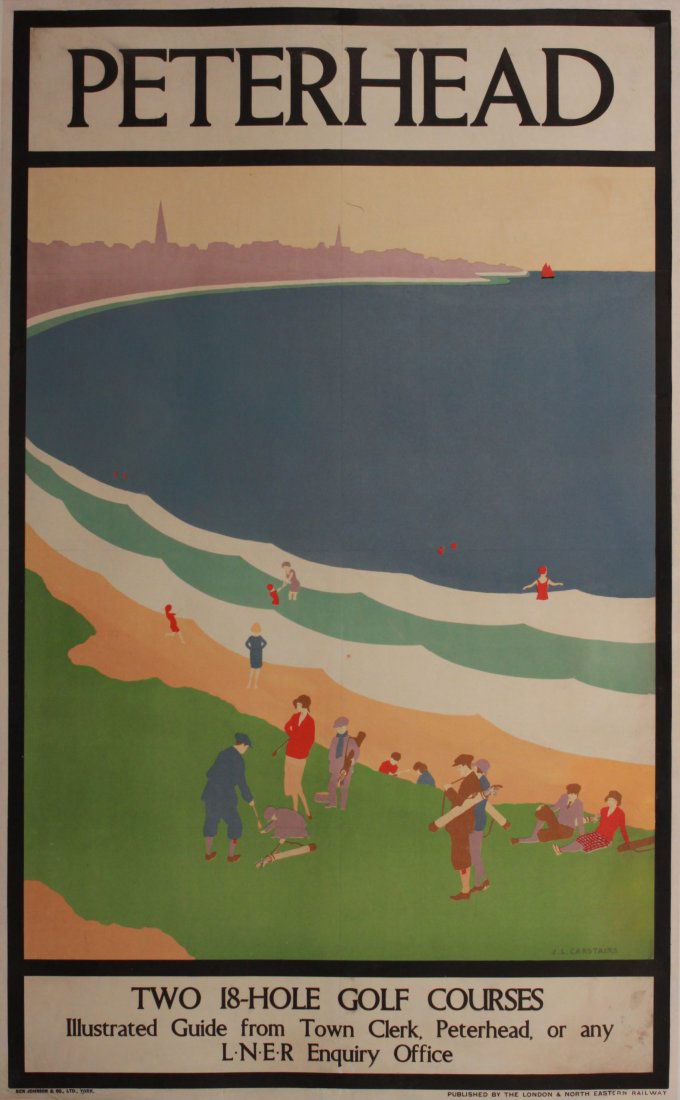 J L Carstairs (fl. 1920's) Peterhead Two 18-Hole G: J L Carstairs (fl. 1920's) Peterhead Two 18-Hole Golf Courses, original poster printed for LNER by Ben Johnson circa 1925- 102 x 64 cm