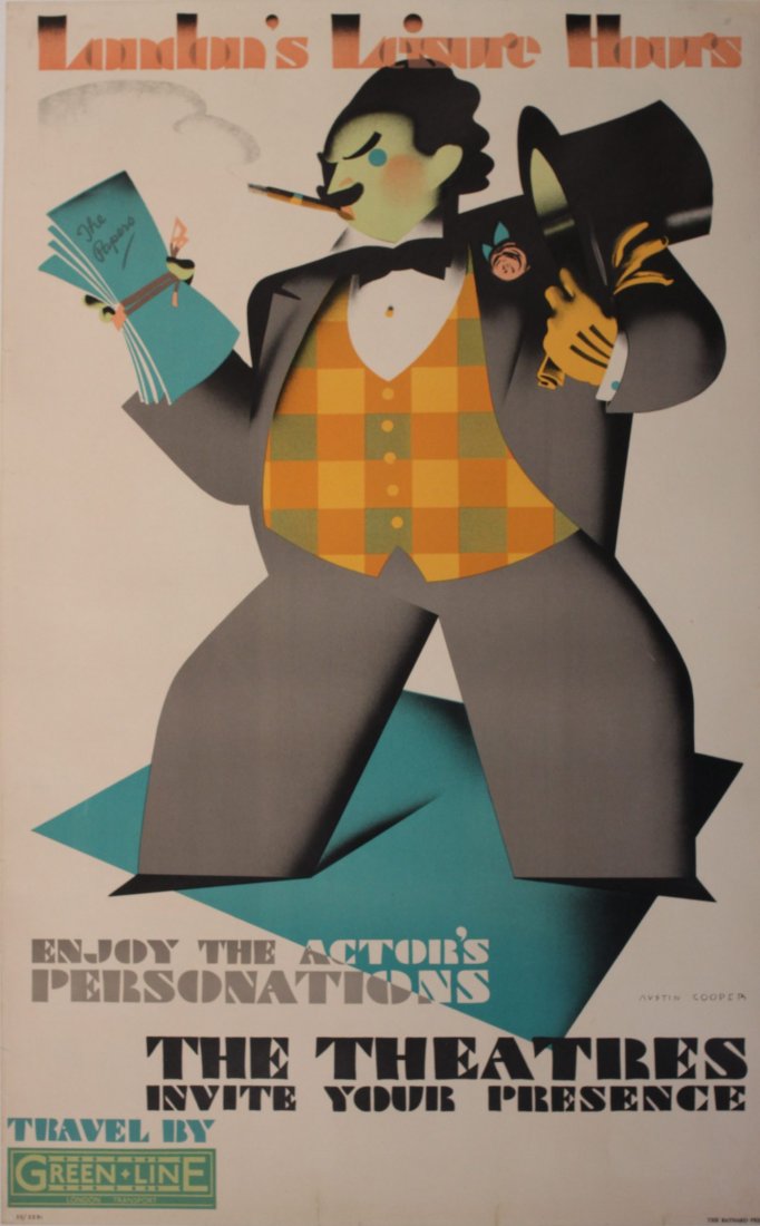 Austin Cooper (1890-1964) The Theatres Invite Your: Austin Cooper (1890-1964) The Theatres Invite Your Presence, London's Leisure Hours, original poster printed for LT (General) by Baynard 1933 - 102 x 63 cm