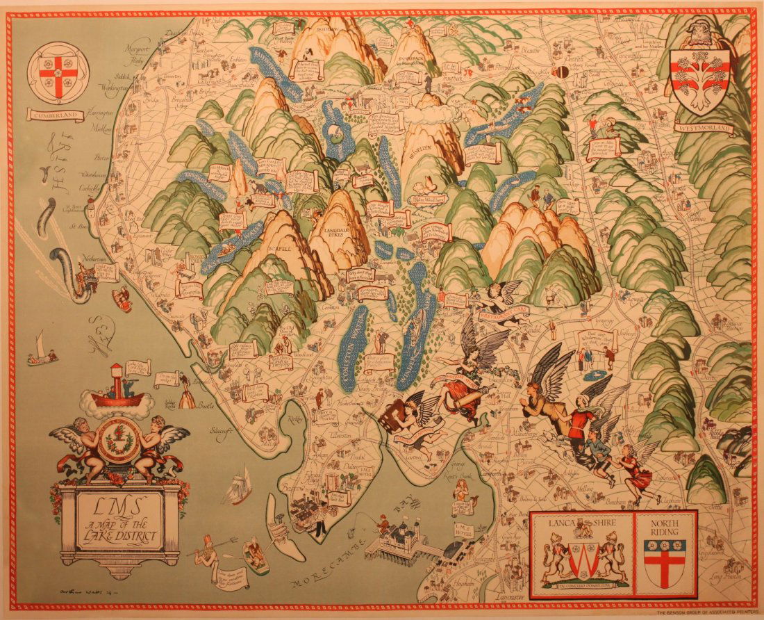 Arthur Watts (1883-1935) LMS A Map of the Lake Dis: Arthur Watts (1883-1935) LMS A Map of the Lake District, original poster printed for the LMS by Benson Group - 102 x 127 cm