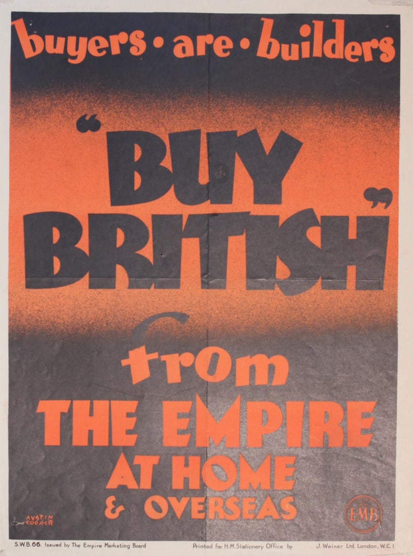 Vintage Poster: Austin Cooper (1890-1964) "Buy British" from the Empire at Home & Overseas, original poster SWB 66 printed for the Empire Marketing Board by J Weiner - 51 x 38 cm