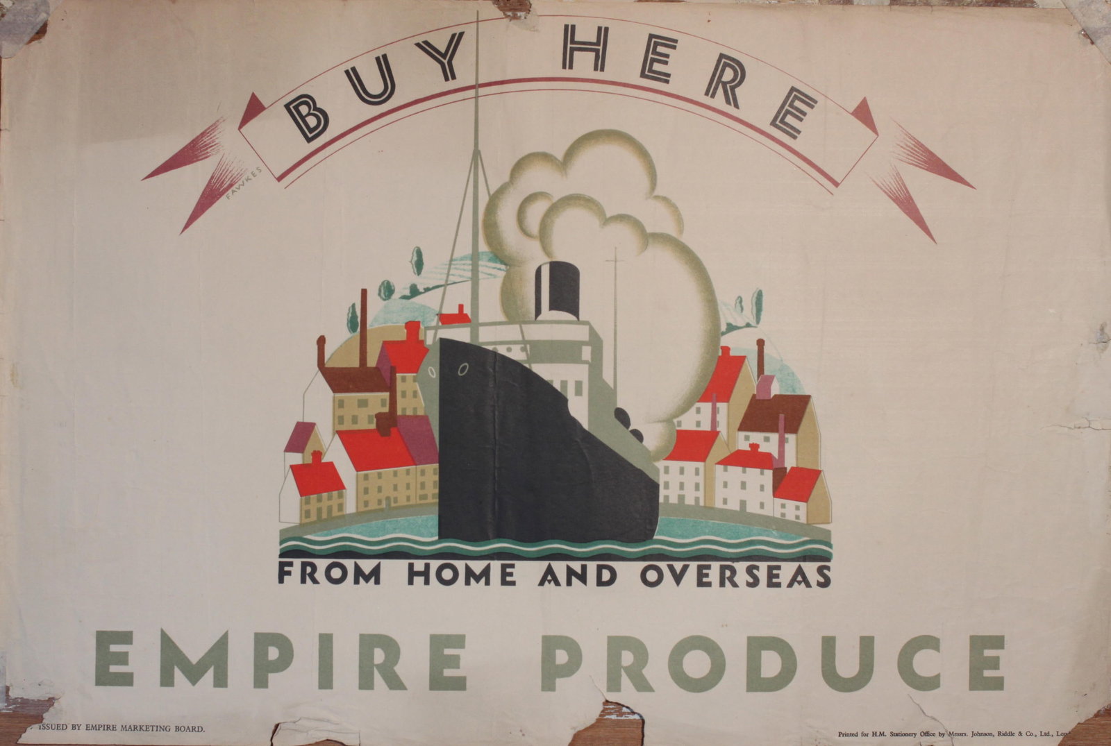 Vintage Poster: Fawkes (Irene 1886-1977) Buy Here from home and overseas Empire Produce, original poster printed for the Empire Marketing Board by Johnson Riddle c. 1925 - 50 x 76 cm