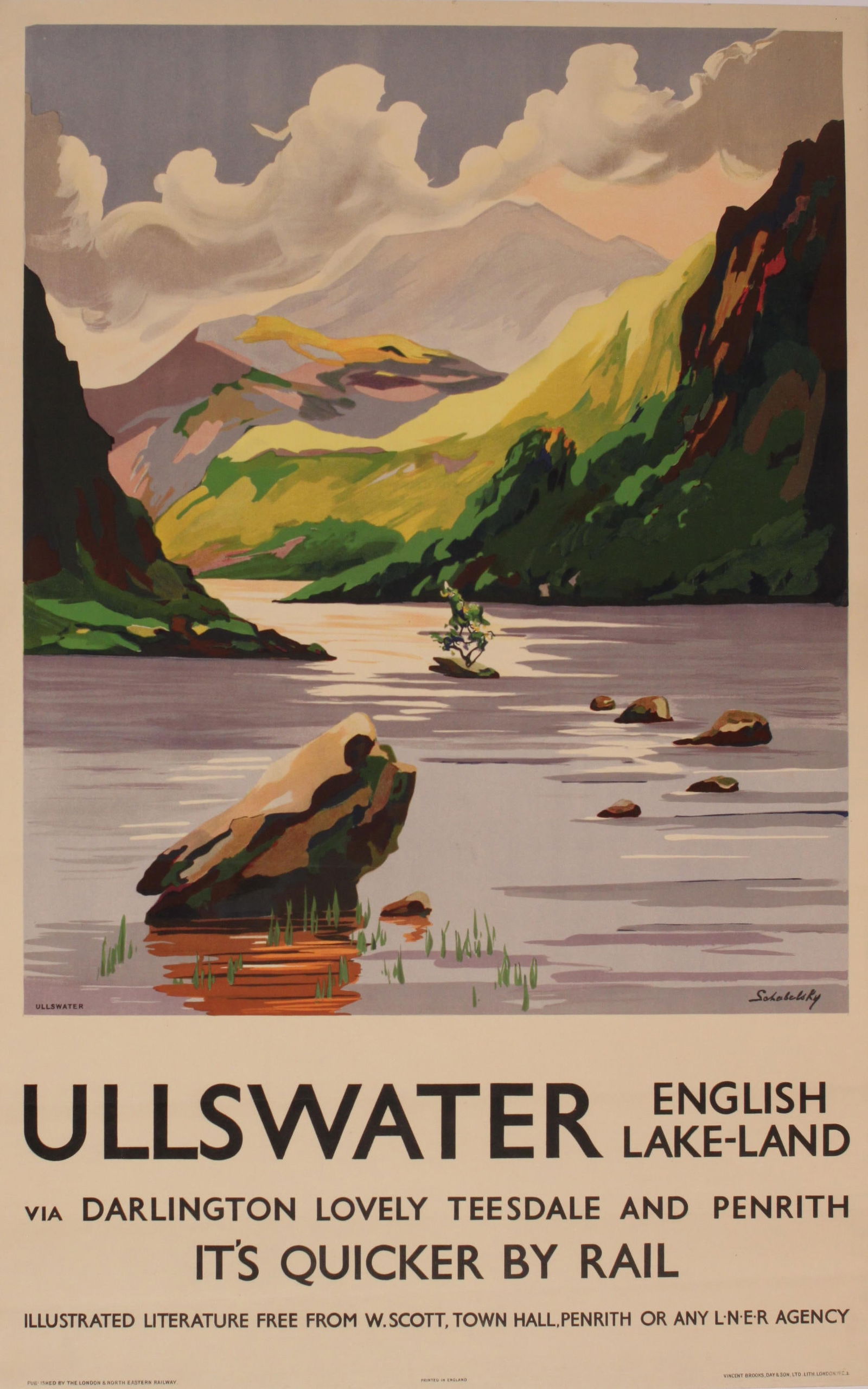 Vintage Poster: Schabelsky Ullswater English Lake-land, original poster printed for the LNER by Vincent Brooks Day c. 1930 - 102 x 63 cm