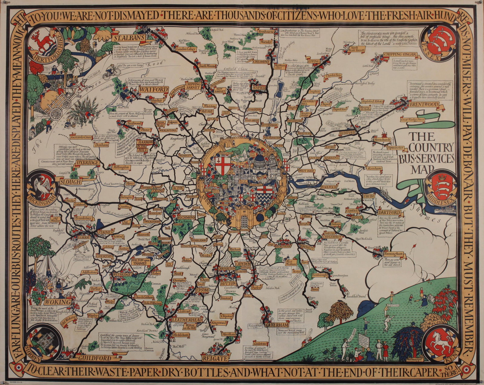 Vintage Poster: Macdonald Gill 1884-1947) The Country Bus Services Map, original poser printed for LT by Waterlow 1928 - 102 x127 cm