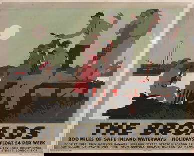 Vintage Poster: Tom Purvis (1888-1959) The Broads 200 Miles of Safe Inland Waterways, original poster printed for the LNER by Chorley & Pickersgill 1928 - 102 x 127 cm One of only two known copies of this poster to b