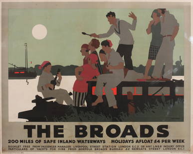 Vintage Poster: Tom Purvis (1888-1959) The Broads 200 Miles of Safe Inland Waterways, original poster printed for the LNER by Chorley & Pickersgill 1928 - 102 x 127 cm One of only two known copies of this poster to b