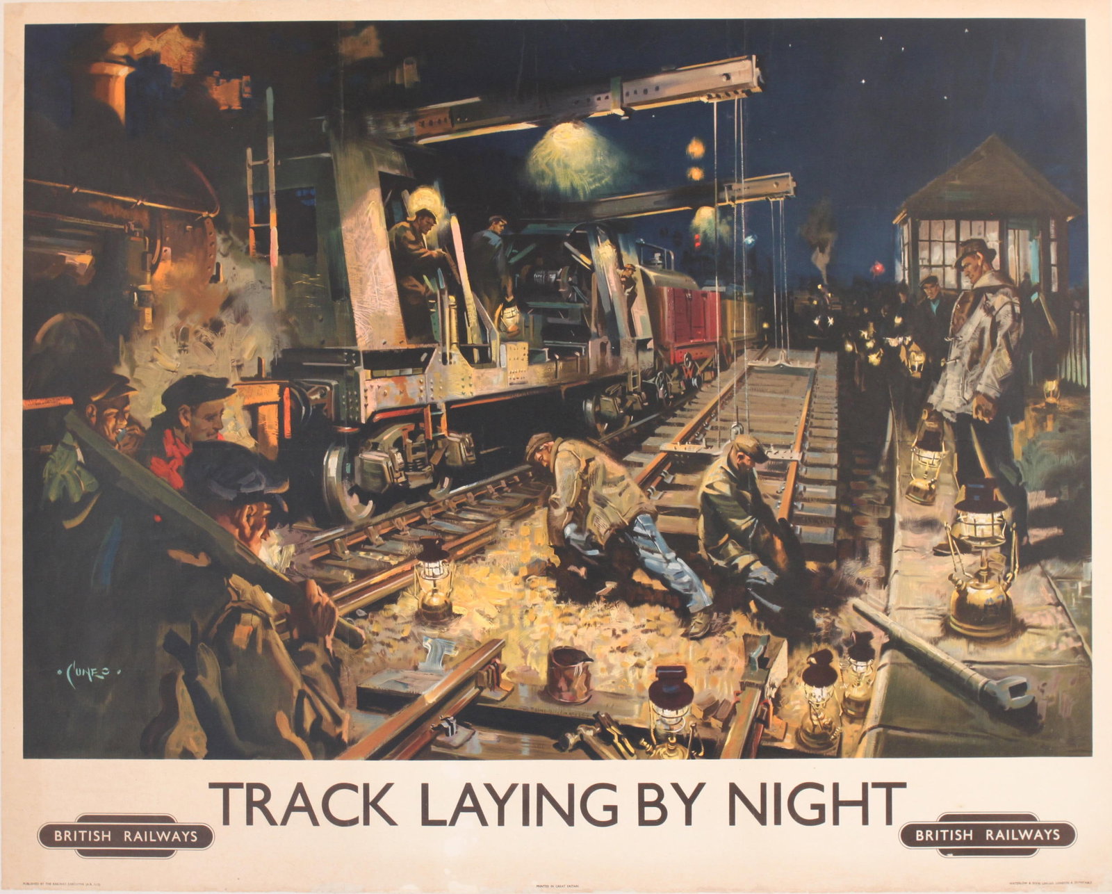 Vintage Poster: Cuneo (Terence 1907-1996) Track Laying By Night, original poster printed for RE by Waterlow c. 1955 - 102 x 127 cm
