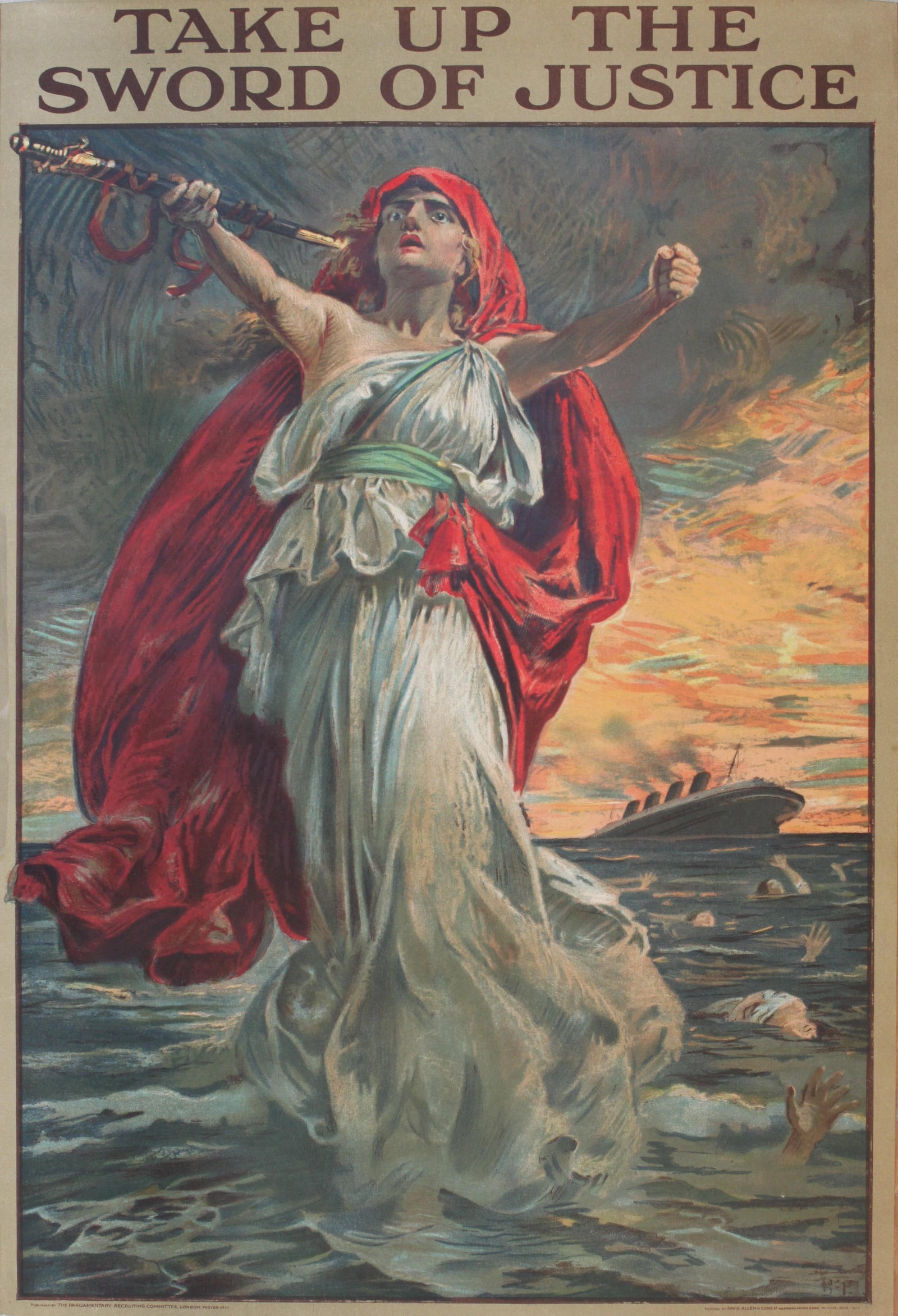 Vintage Poster: Bernard Partridge (1861-1945) Take Up The Sword Of Justice, original PRC poster No 111 printed by David Allen 1915 - 76 x 51 cm