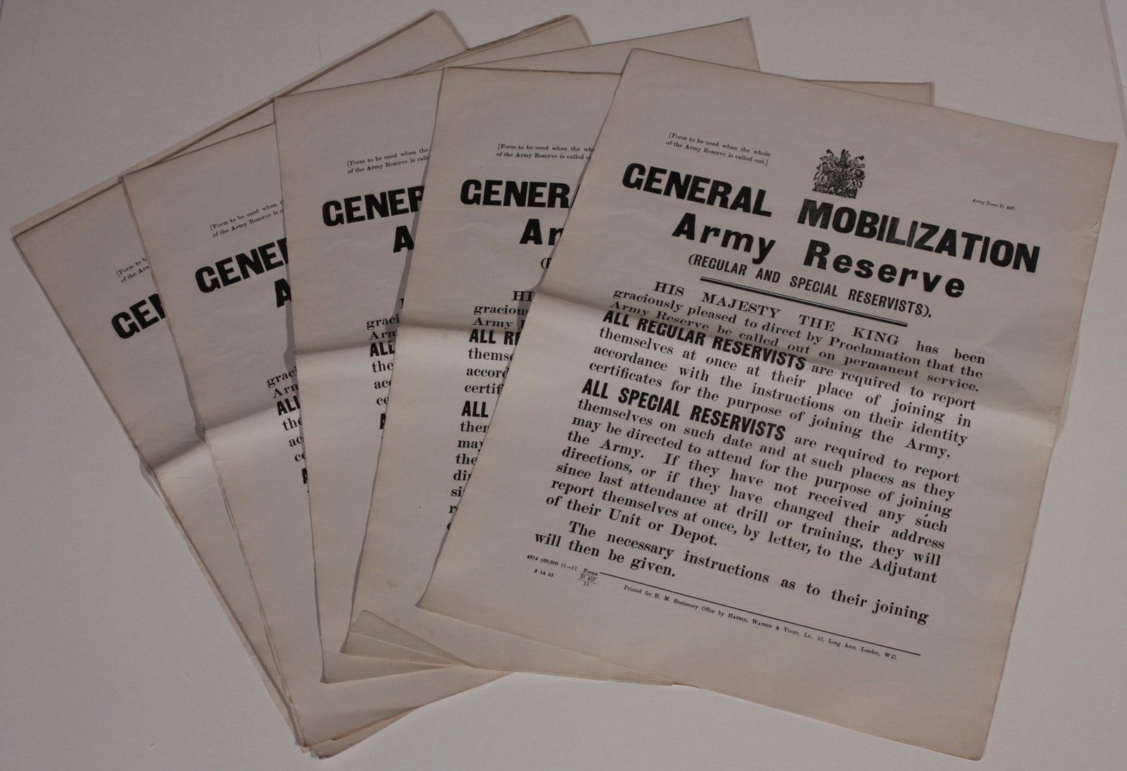 Vintage Poster: General Mobilization Army Reserve, Army Form D,427, original letter press posters printed for HMSO Hazell, Watson & Viney August 1914 - 54 x 42 cm ( a qty 50 no. +)