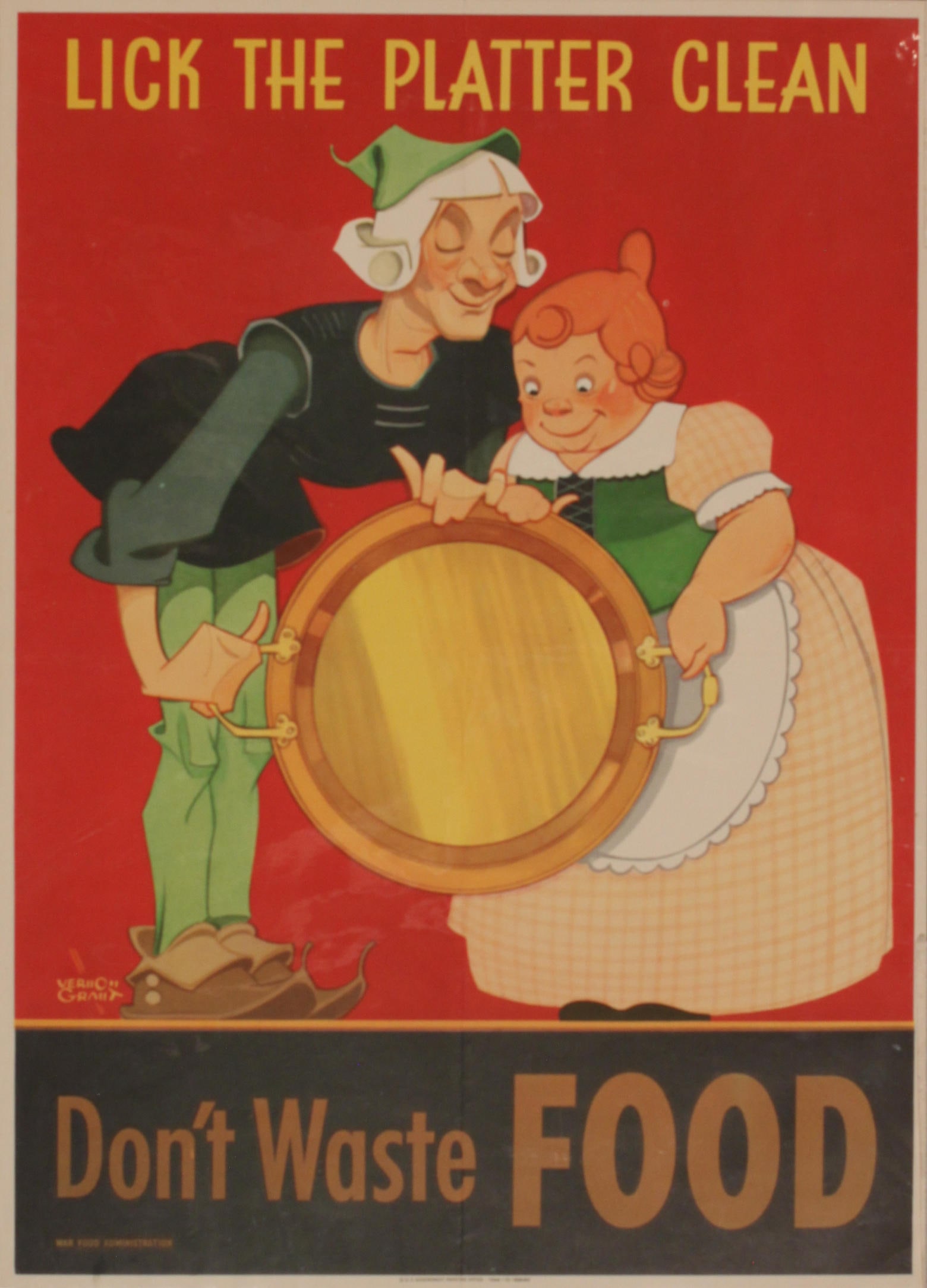 Vintage Poster: Vernon Grant Lick the platter clean Don't waste food, original WW2 poster printed for US Govt. 1944 - 51 x 36 cm; and H Loener Save waste fats for explosives, original WW2 poster printed for US Govt. 