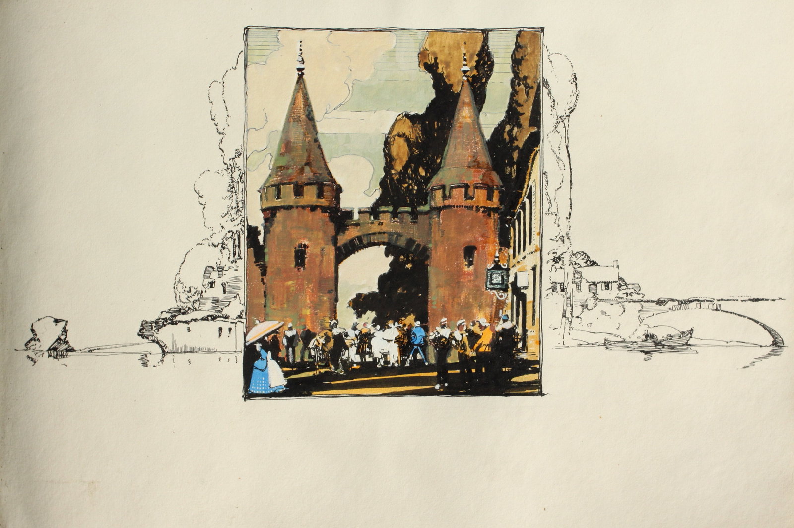 Vintage Poster: From the Studio of Leslie Carr (1891-1969) Gateway to Castle Continental scenic view, watercolour and black ink, unsigned - 25 x 35 cm; Eastgate Chester, pencil signed with initials - 20 x 23 cm; Mald
