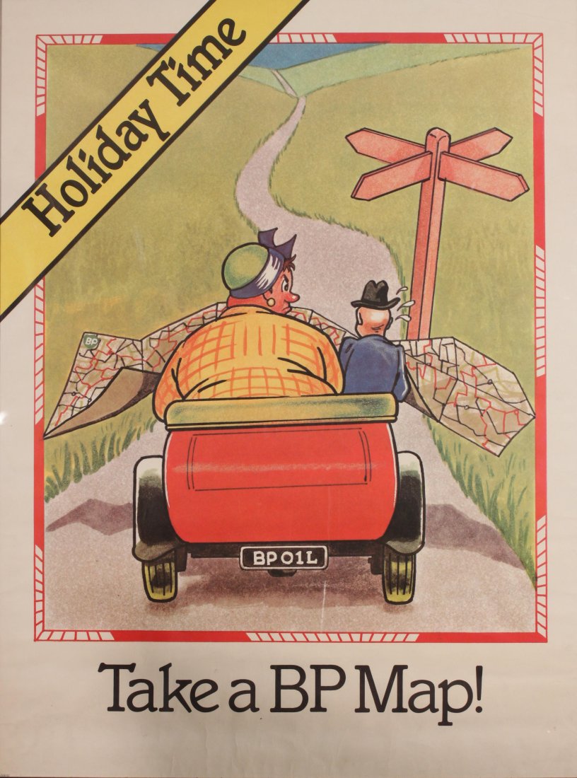 Vintage poster: After Donald McGill Holiday Time BP Oil Carry a spare plug and Take a BP Map, two original posters printed 1982, each - 103 x 76 cm (2)