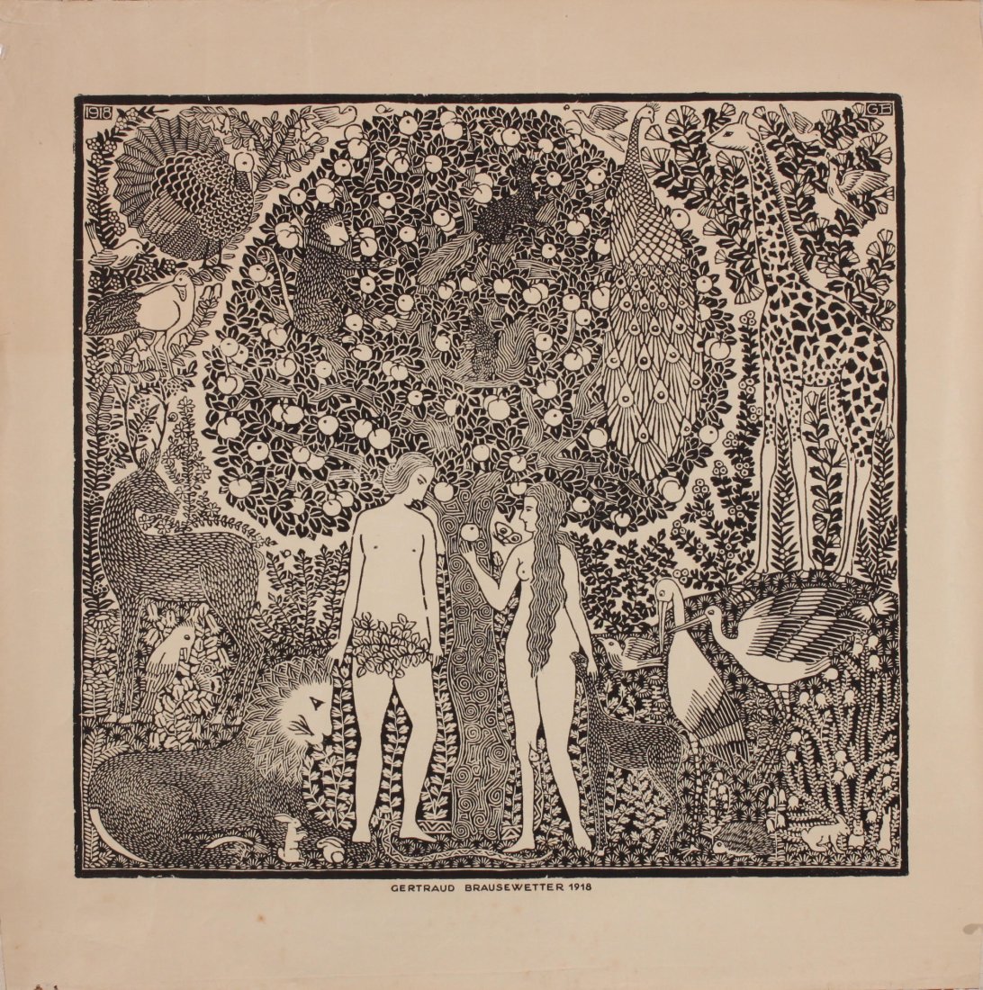 Woodcut 918: Gertraud Reinberger-Brausewetter (1903-1992) Adam and Eve in the Garden of Eden, original woodcut 1918 - 40 x 42 cmGrade A150300