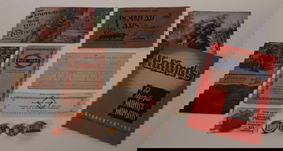 Ephemera, small collection including Bus timetables, 2 no. tickets, 6 no.lapel badges inc. ABC: Ephemera, small collection including Bus timetables, 2 no. tickets, 6 no.lapel badges inc. ABC Locomotive Series Spotters Club, GWR Consignment Postcard 1940's, Halfords Motorist's and Motor Cyclists