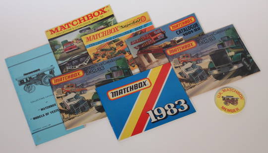Collectors Catalogue of Matchbox Models of Yesteryear, 3rd Edition January 1981, Matchbox: Collectors Catalogue of Matchbox Models of Yesteryear, 3rd Edition January 1981, Matchbox Catalogues, 6 no. 1969, 1970, 1980- 1983; Member badge; UK Matchbox Club Official Journals, April 1981 to