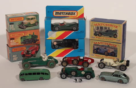 Matchbox Lesney Models of Yesteryear and later series boxed group of 12 comprising Y-6 Bugatti,: Matchbox Lesney Models of Yesteryear and later series boxed group of 12 comprising Y-6 Bugatti, Y-15 Silver Ghost, Y-8 Stutz, Y-10 Mercedes, MB 22 Jaguar and 44 Citroen, and 17,38,47,73 from 75
