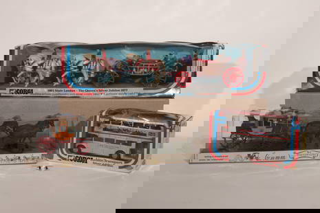 Corgi 1902 State Landau The Queen's Silver Jubilee 1977, mint and boxed Model 41 with card slip case: Corgi 1902 State Landau The Queen's Silver Jubilee 1977, mint and boxed Model 41 with card slip case; another similar lacking slip case; and Brumm Historical Series 06 Mail-Coach (1784); and Corgi