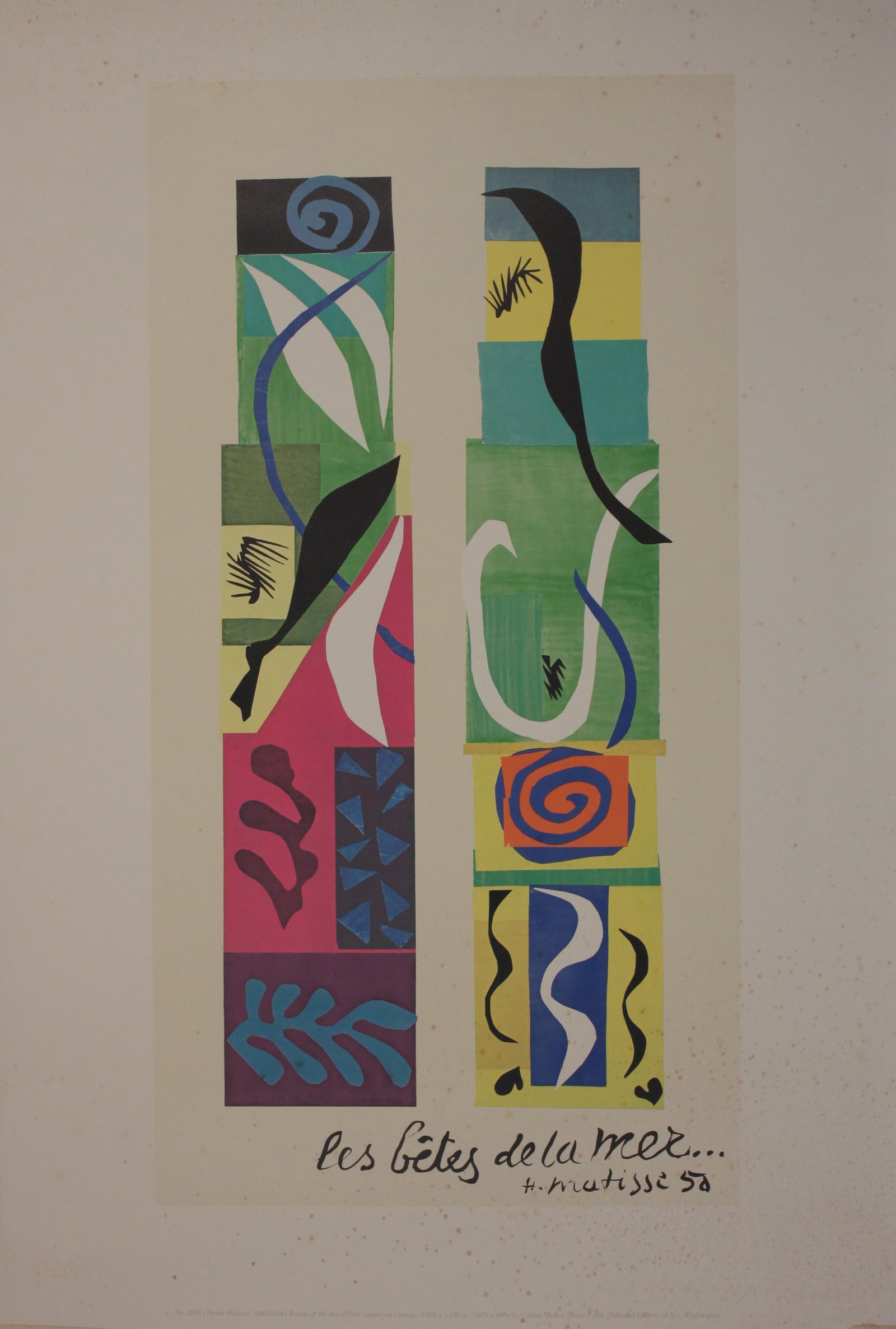 Henri Matisse Le Grandes Gouaches Decoupees, Musee Des Arts Decoratifs, exhibition poster printed by: Henri Matisse Le Grandes Gouaches Decoupages, Musee Des Arts Decoratifs, exhibition poster printed by Mourlot 1961 - 69 x 48 cm; and Henri Matisse Beasts of the sea, poster No 2650 printed by National