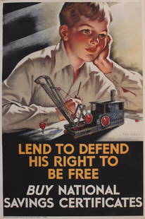 Tom Purvis ( (1888-1959) Lend To Defend His Right To Be Free, original WW2 National Savings poster: Tom Purvis ( (1888-1959) Lend To Defend His Right To Be Free, original WW2 National Savings poster printed for HMSO by Fosh & Cross c. 1940 - 76 x 51 cm The poster was his only wartime commission, and