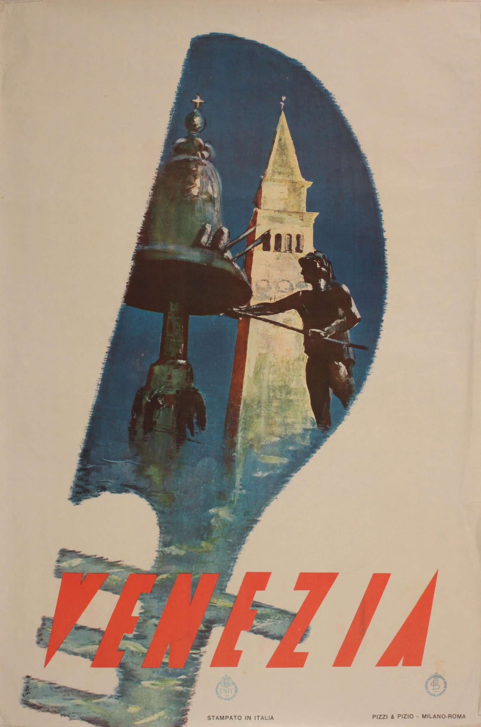 Anon Venezia, original poster printed for Italian Railways by Pizzi & Pizio - Milano-Roma c.1930 -: Anon Venezia, original poster printed for Italian Railways by Pizzi & Pizio - Milano-Roma c.1930 - 100 x 67 cm