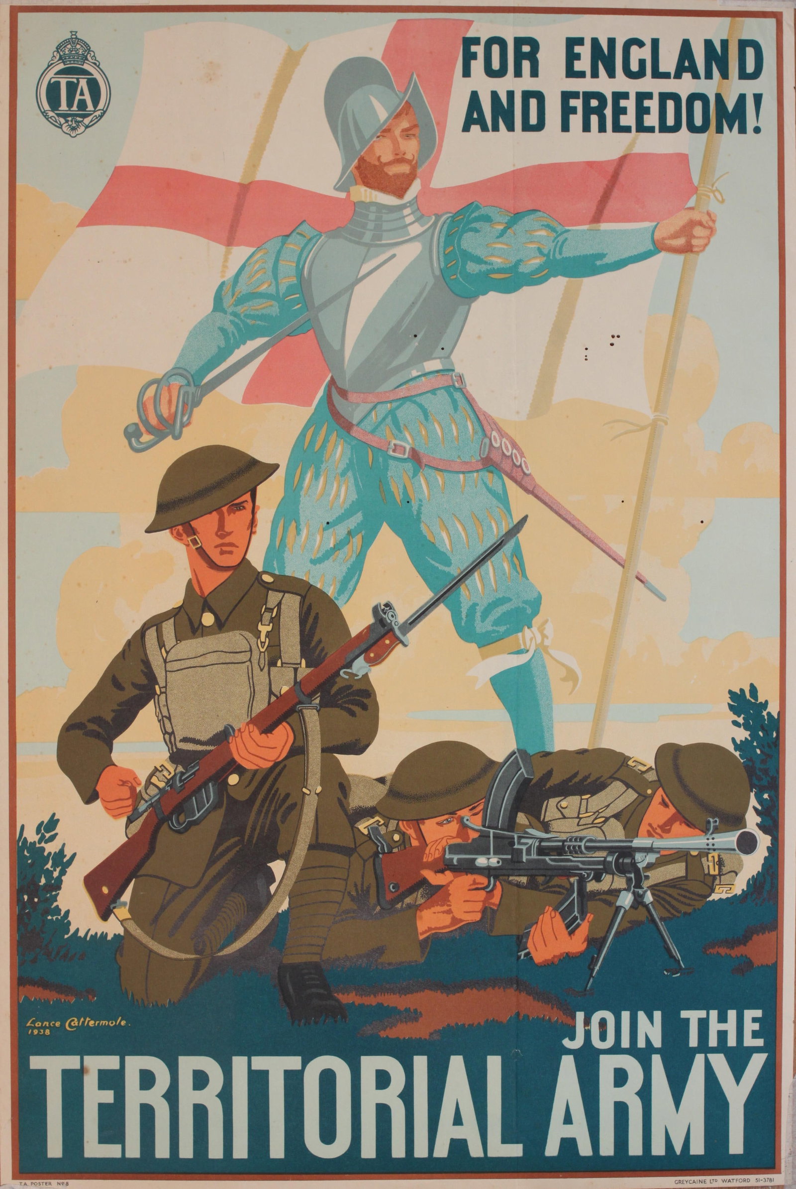 Lance Cattermole (1898-1992) For England and Freedom ! Join the Territorial Army, original TA poster: Lance Cattermole (1898-1992) For England and Freedom ! Join the Territorial Army, original TA poster No 8 printed by Greycaine 1938 - 76 x 51 cm
