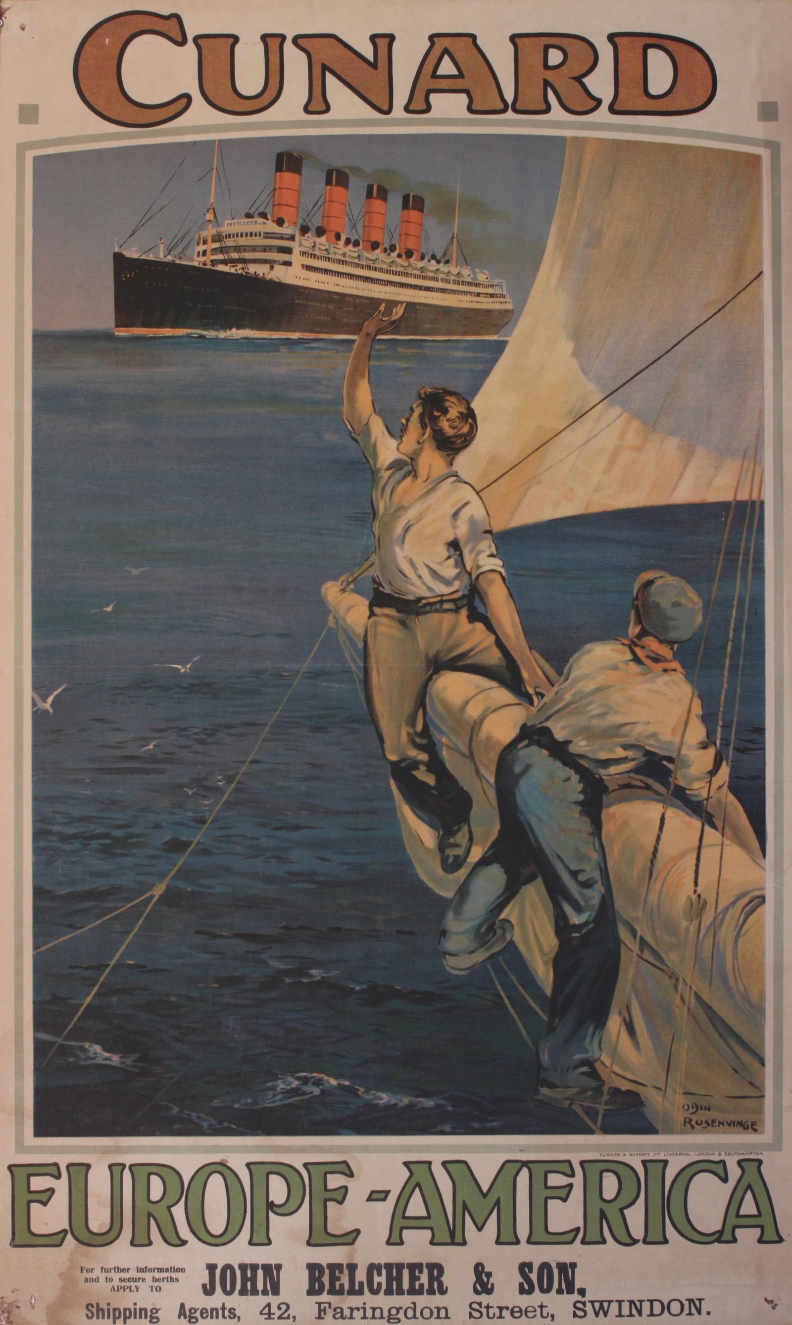 Odin Rosenvinge (1880-1959) Cunard Europe-America (RMS Mauretania) original poster printed by Turner (1 of 1)