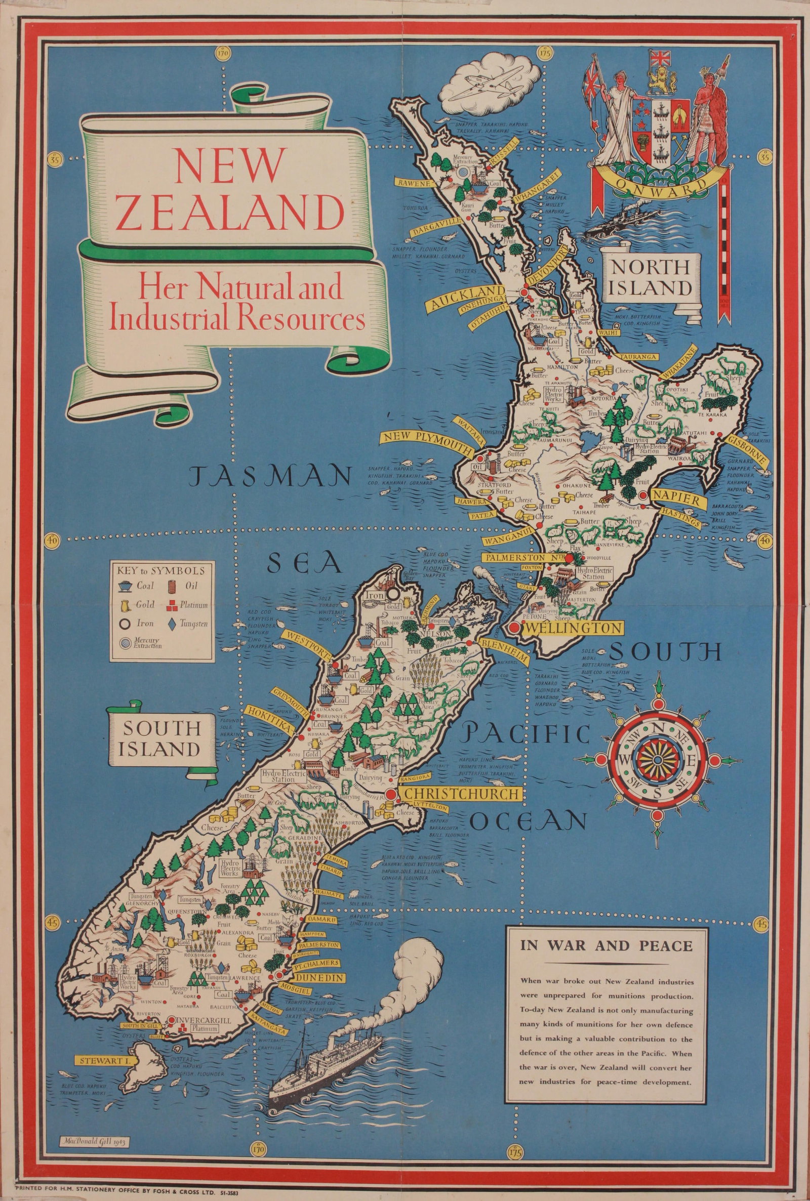 MacDonald Gill (1884-1947) New Zealand Her Natural and Industrial Resources, original poster printed: MacDonald Gill (1884-1947) New Zealand Her Natural and Industrial Resources, original poster printed for HMSO by Fosh & Cross 1943 - 76 x 51 cm
