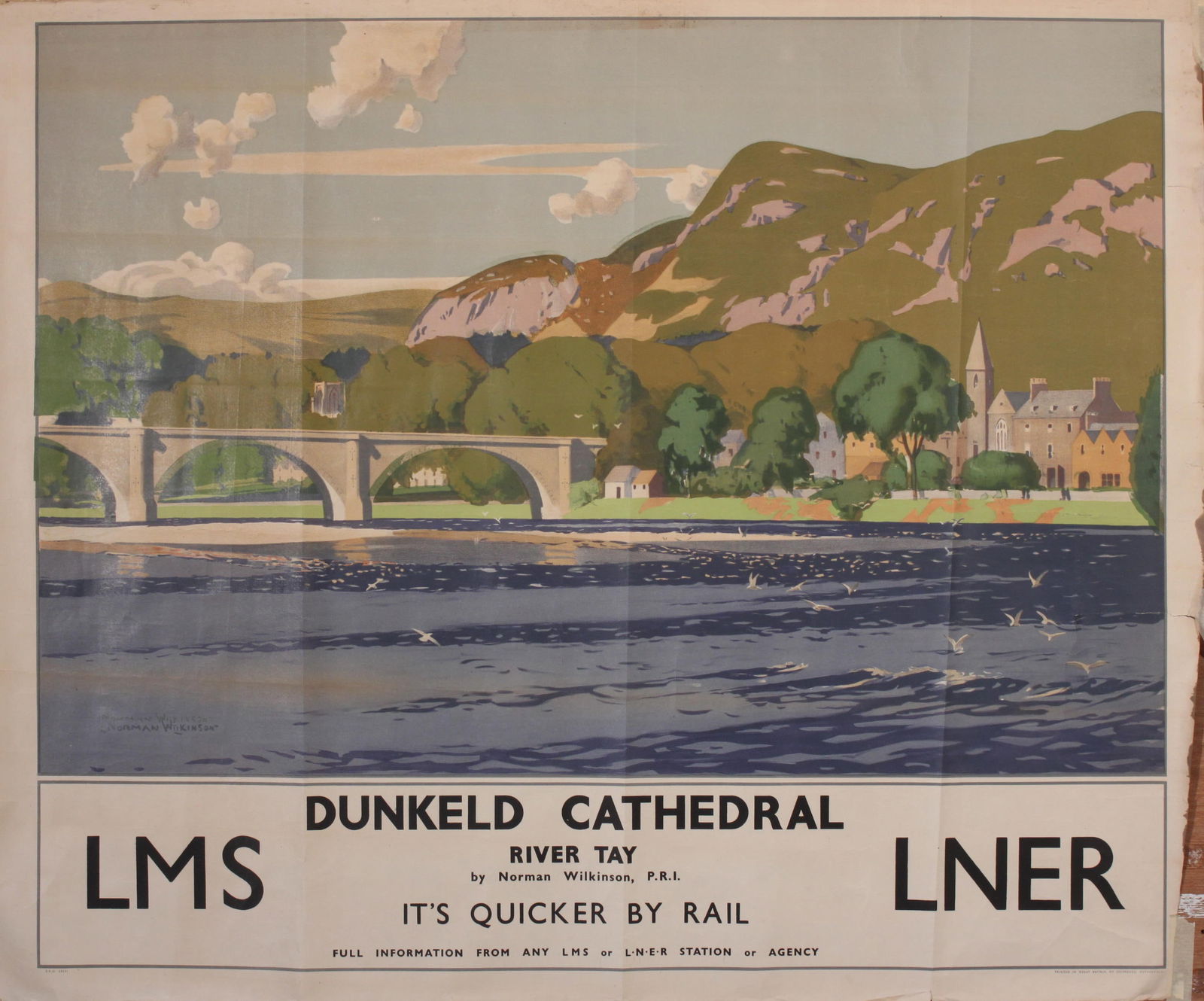 Norman Wilkinson (1878-1981) Dunkeld Cathedral River Tay, original poster printed for LMS LNER by (1 of 1)