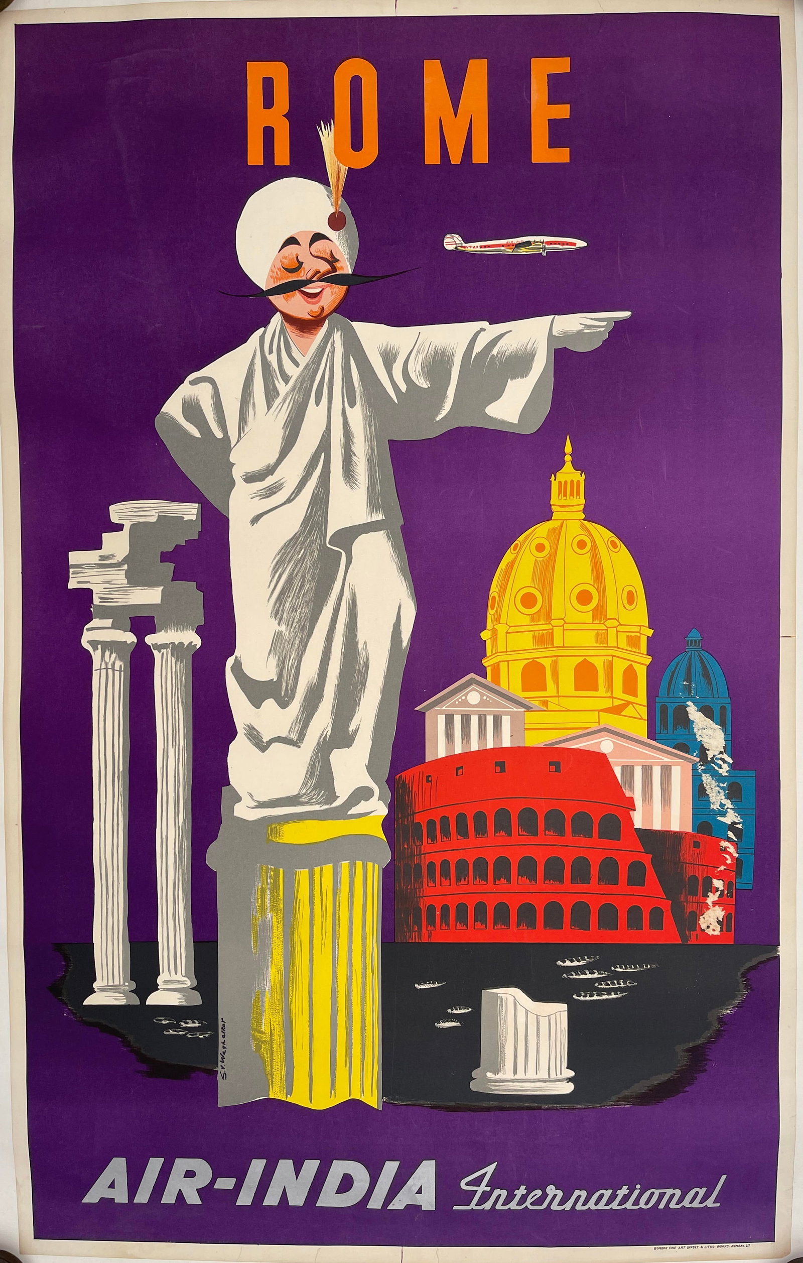 S V Waghalker Rome Air-India, original poster printed in Bombay c.1955 - 102 x 64 cm: S V Waghalker Rome Air-India, original poster printed in Bombay c.1955 - 102 x 64 cm