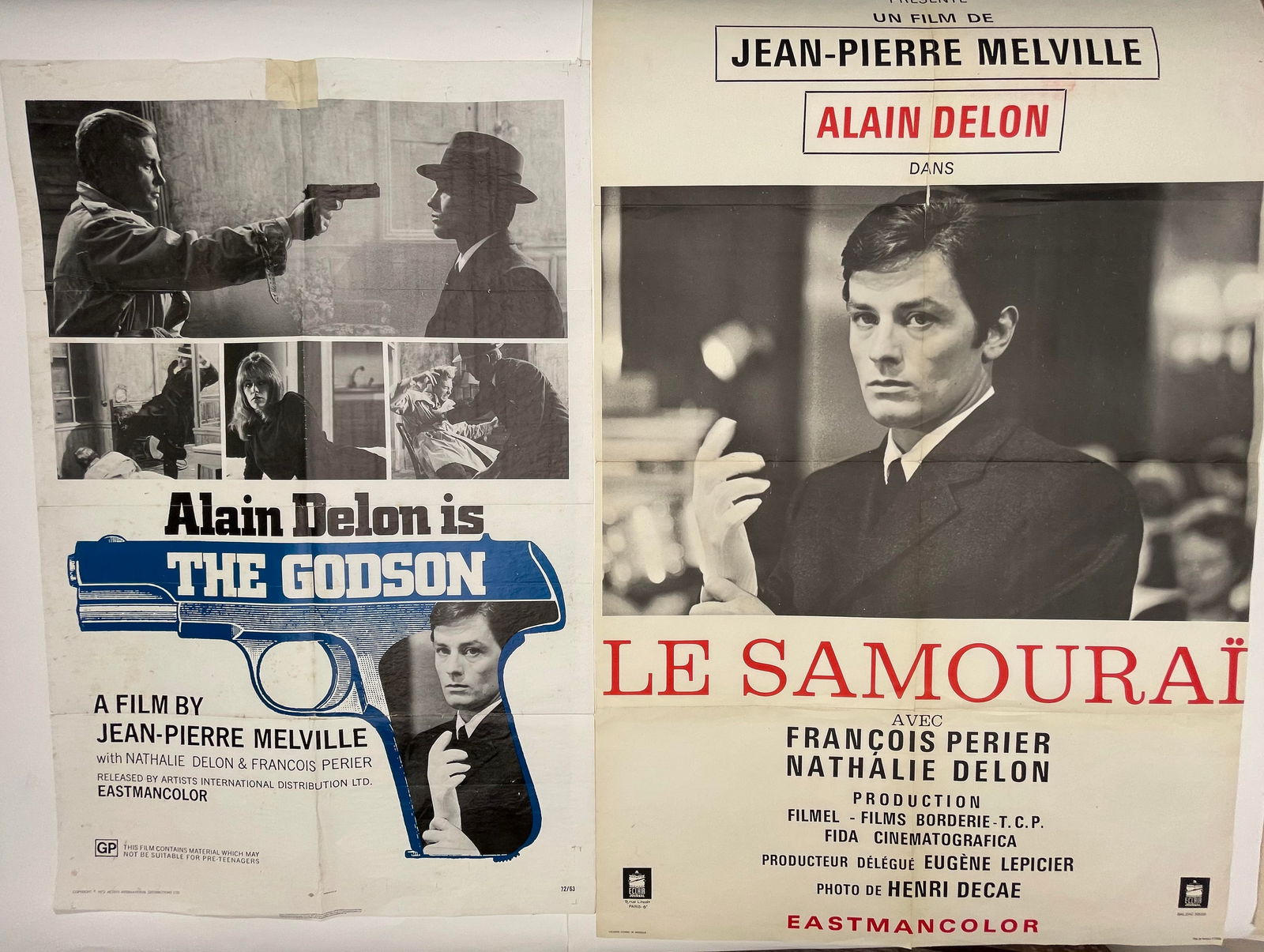The Godson and Le Samourai Alain Delon 1972, original movie posters printed in USA and France, the: The Godson and Le Samourai Alain Delon 1972, original movie posters printed in USA and France, the larger - 123 x 78 cm (2)