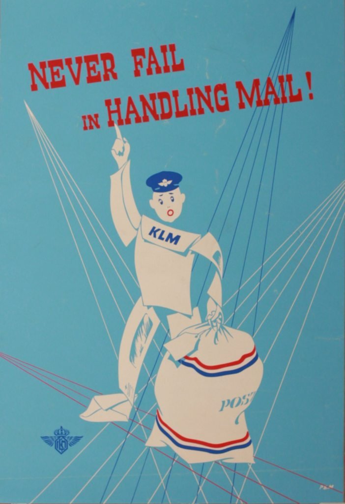 PSM (Dutch) KLM Never fails in Handling Mail !, ori: PSM (Dutch) KLM Never fails in Handling Mail !, original screen print poster circa 1950 - 66 x 45 cm