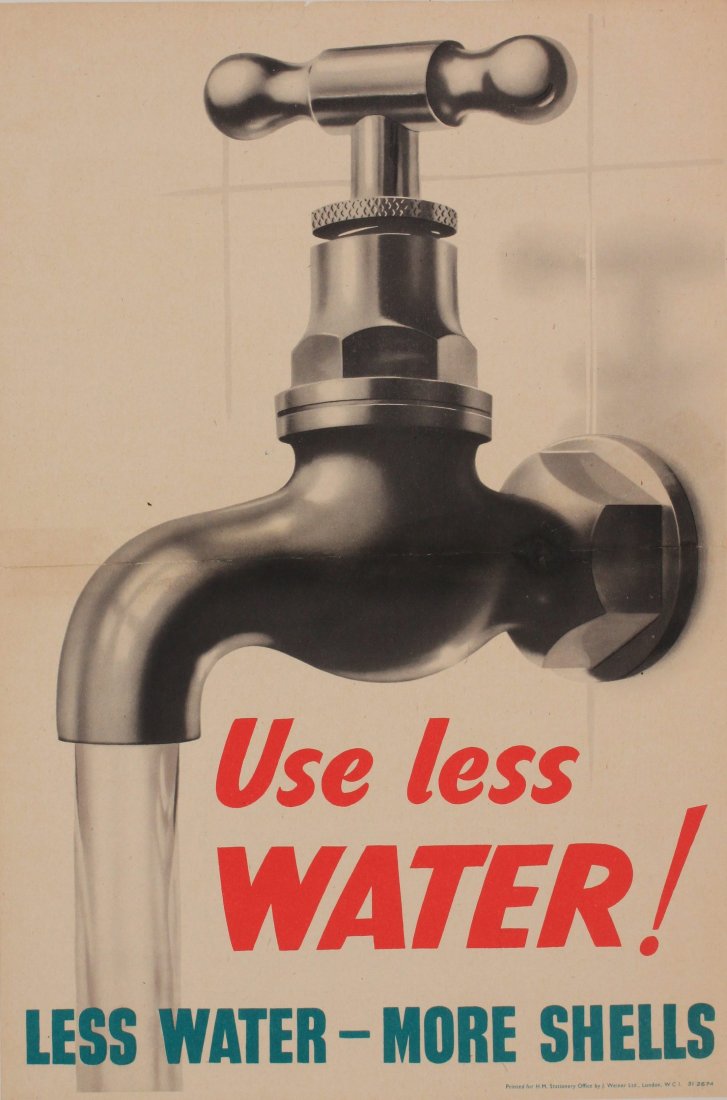 Anon Use Less Water ! Less Water - More Shells, ori: Anon Use Less Water ! Less Water - More Shells, original WW2 Home Front poster printed for HMSO by J Weiner circa 1940 - 38 x 25 cm