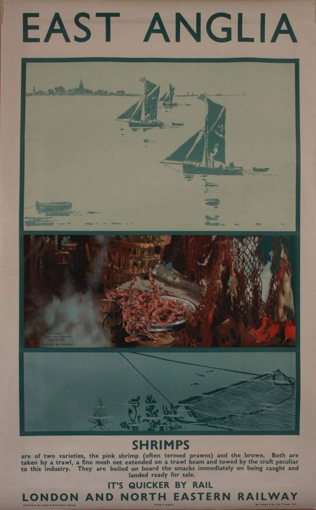Frank H Mason (1875-1965) East Anglia Harwich, Shr: Frank H Mason (1875-1965) East Anglia Harwich, Shrimps Pink and Brown, original poster printed for LNER by Ben Johnson 1933 - 102 x 63 cm