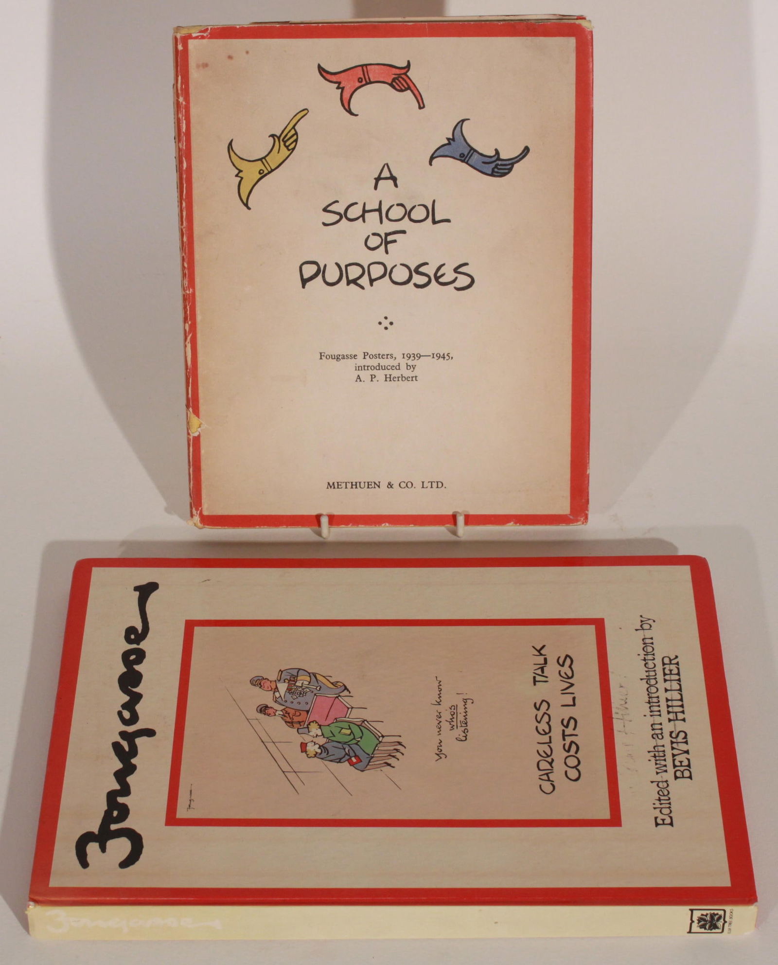 A P Herbert A School for Purposes, A selction of Fougasse Posters 1939-1945, first edition, d.j.: A P Herbert A School for Purposes, A selction of Fougasse Posters 1939-1945, first edition, d.j. 1946; and Bevis Hillier Fougasse, first edition sign and inscribed to Jane Purvis ( widow of Tom Purvis