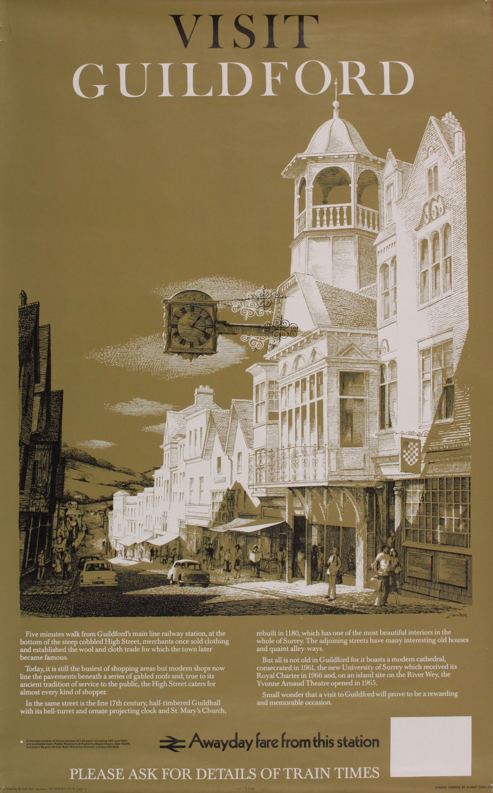 Lander (Reginald 1913-1982) Visit Guildford, original poster printed for BR(SR) by Planet 1978 No: Lander (Reginald 1913-1982) Visit Guildford, original poster printed for BR(SR) by Planet 1978 No 7048 - 102 x 127 cm