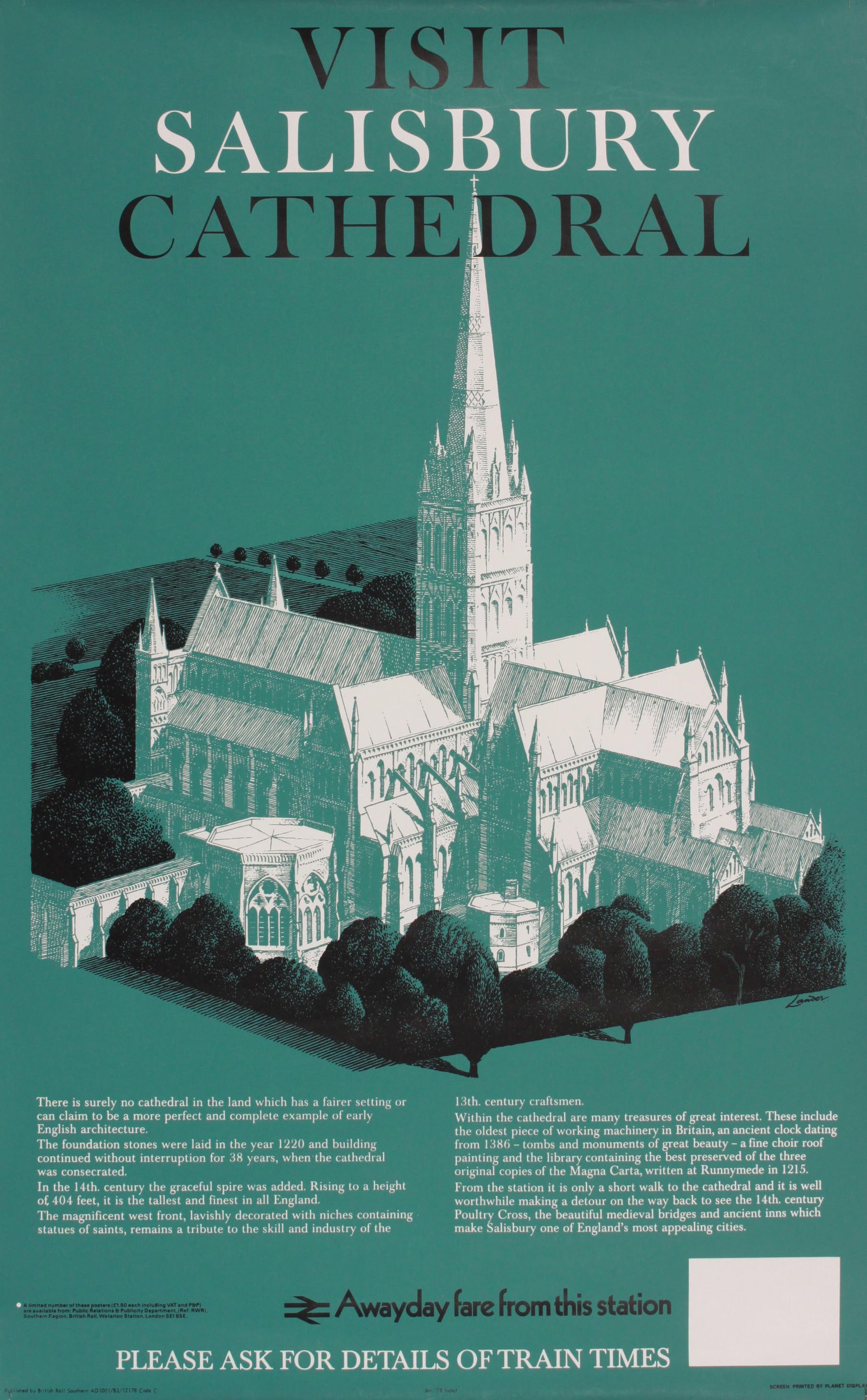 Lander (Reginald 1913-1982) Visit Salisbury Cathedral, original poster printed for BR(SR) No 12029 (1 of 1)