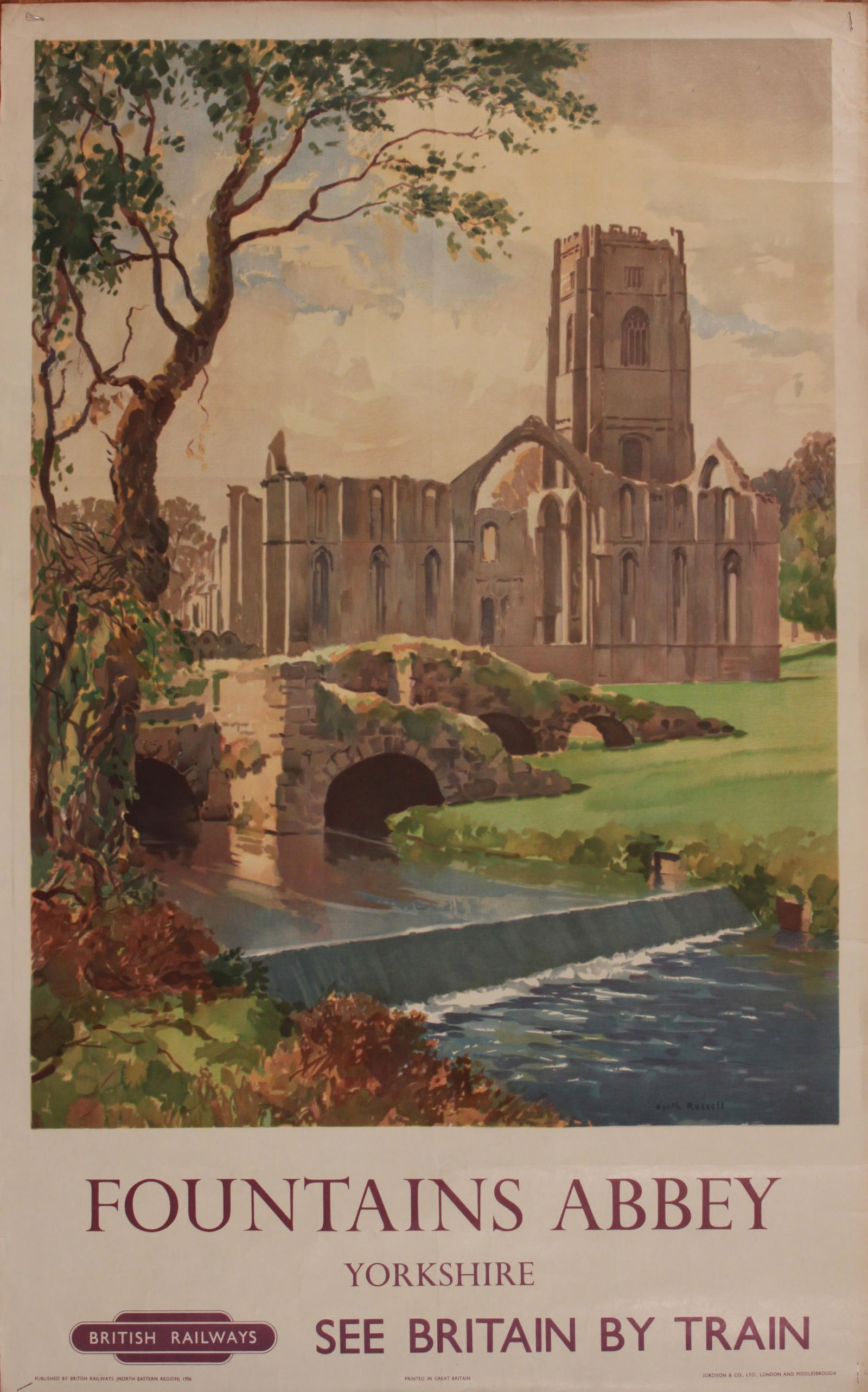 Gyrth Russell (1892-1970) Fountains Abbey, original poster printed for BR(NER) by Jordison 1956: Gyrth Russell (1892-1970) Fountains Abbey, original poster printed for BR(NER) by Jordison 1956