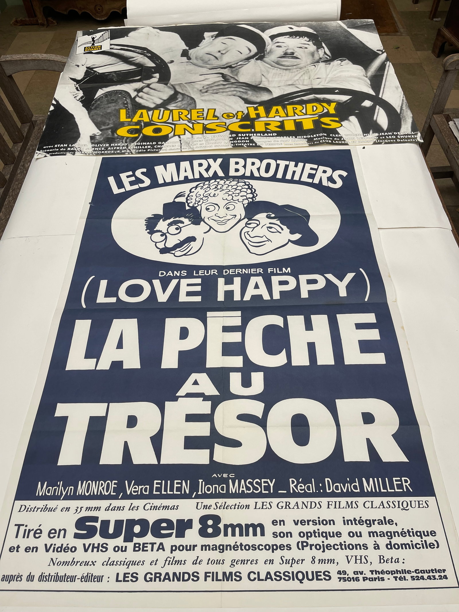 French Movie posters, 2 no. Marx Bros Love Happy - 118 x 80 cm; and Laurel & Hardy Conscrits- 80 x: French Movie posters, 2 no. Marx Bros Love Happy - 118 x 80 cm; and Laurel & Hardy Conscrits- 80 x 120 cm (2)