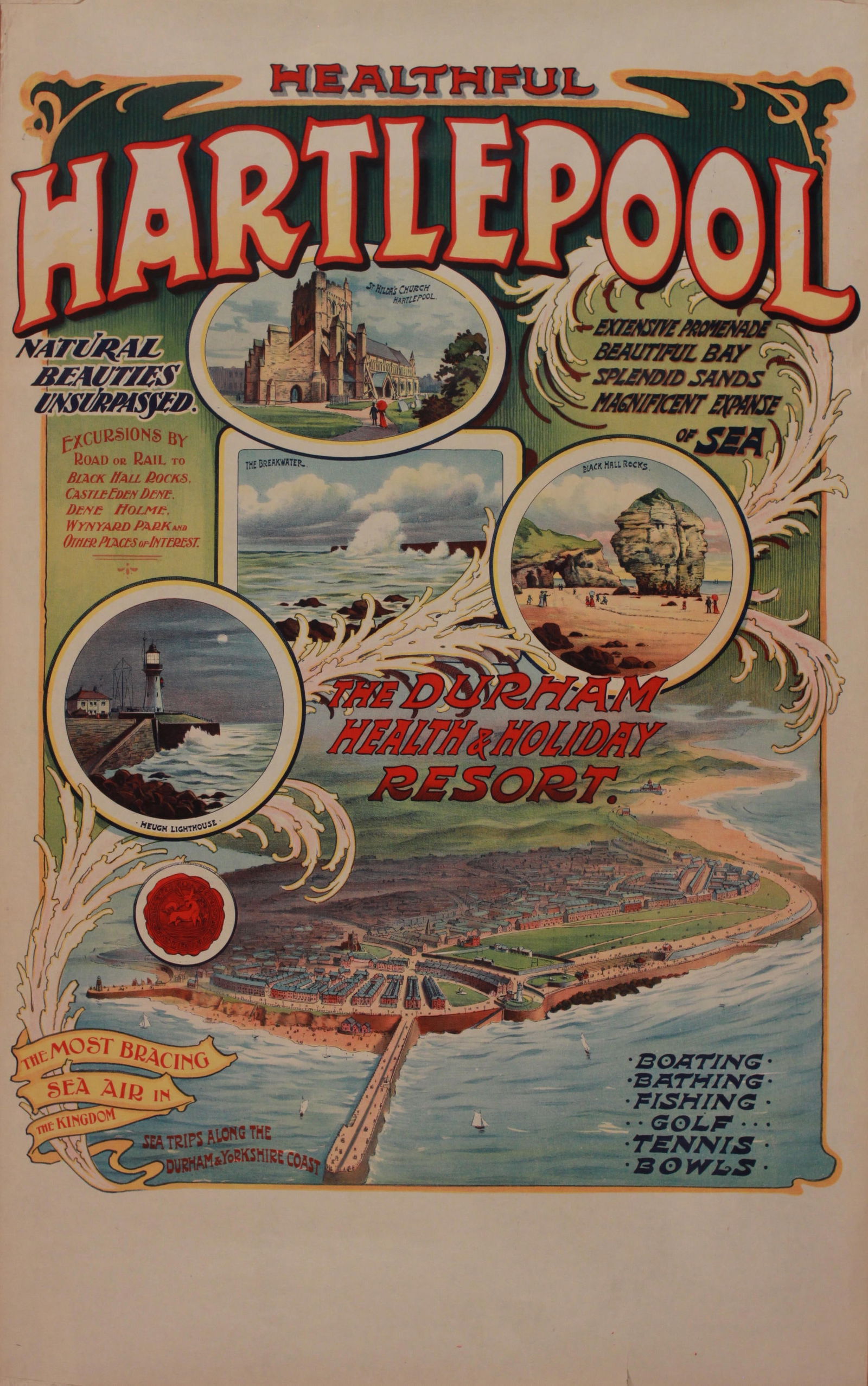 Anon Healthful Hartlepool, original poster printed by the Town Council c. 1900 - 102 x 63 cm: Anon Healthful Hartlepool, original poster printed by the Town Council c. 1900 - 102 x 63 cm