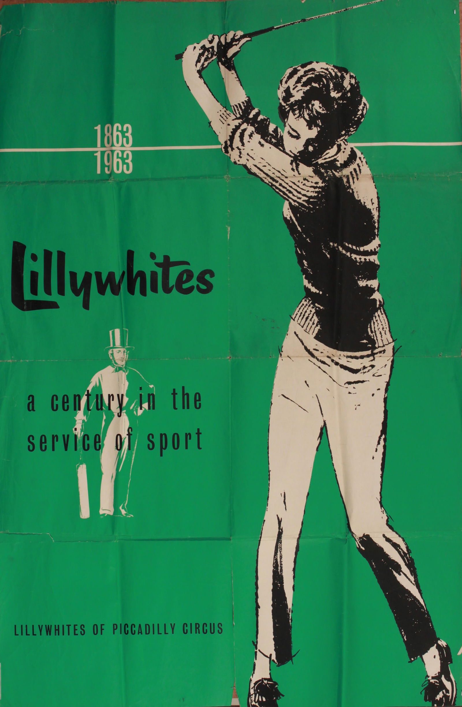Anon Lilywhites of Piccadilly 1863 -1963 A Century in the Service of Sports, Lady Golfer and: Anon Lilywhites of Piccadilly 1863 -1963 A Century in the Service of Sports, Lady Golfer and Victorian Cricketer, a pair of original posters printed in England 1963, each - 150 x 101 cm (2)