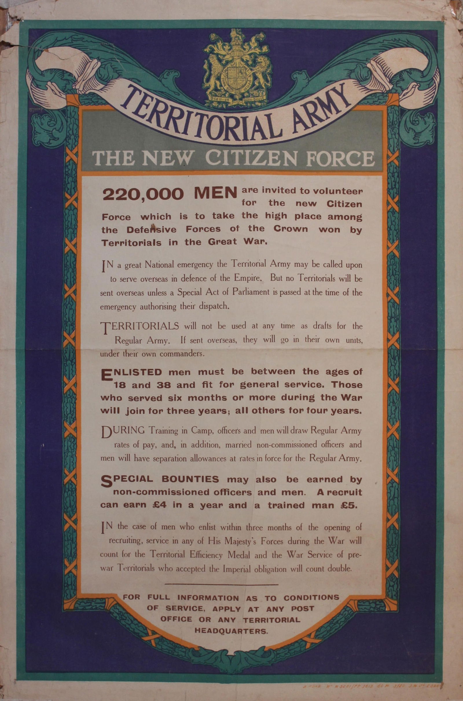 Territorial Army The New Citizen Force, original WW1 poster printed by J Weiner March 1920 - 76 x 50 (1 of 1)