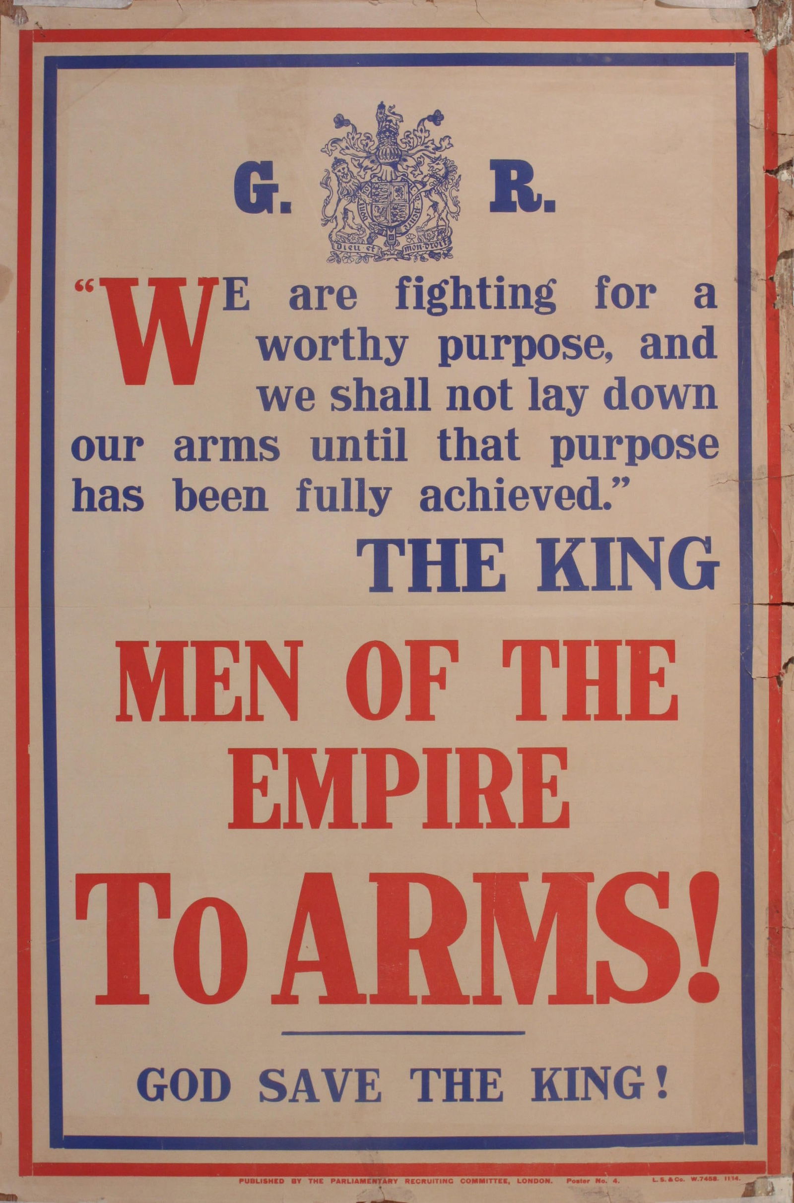 Men of the Empire To Arms !, original PRC letterpress poster No 4 printed by LS&Co 1914 - 76 x 51 cm (1 of 1)