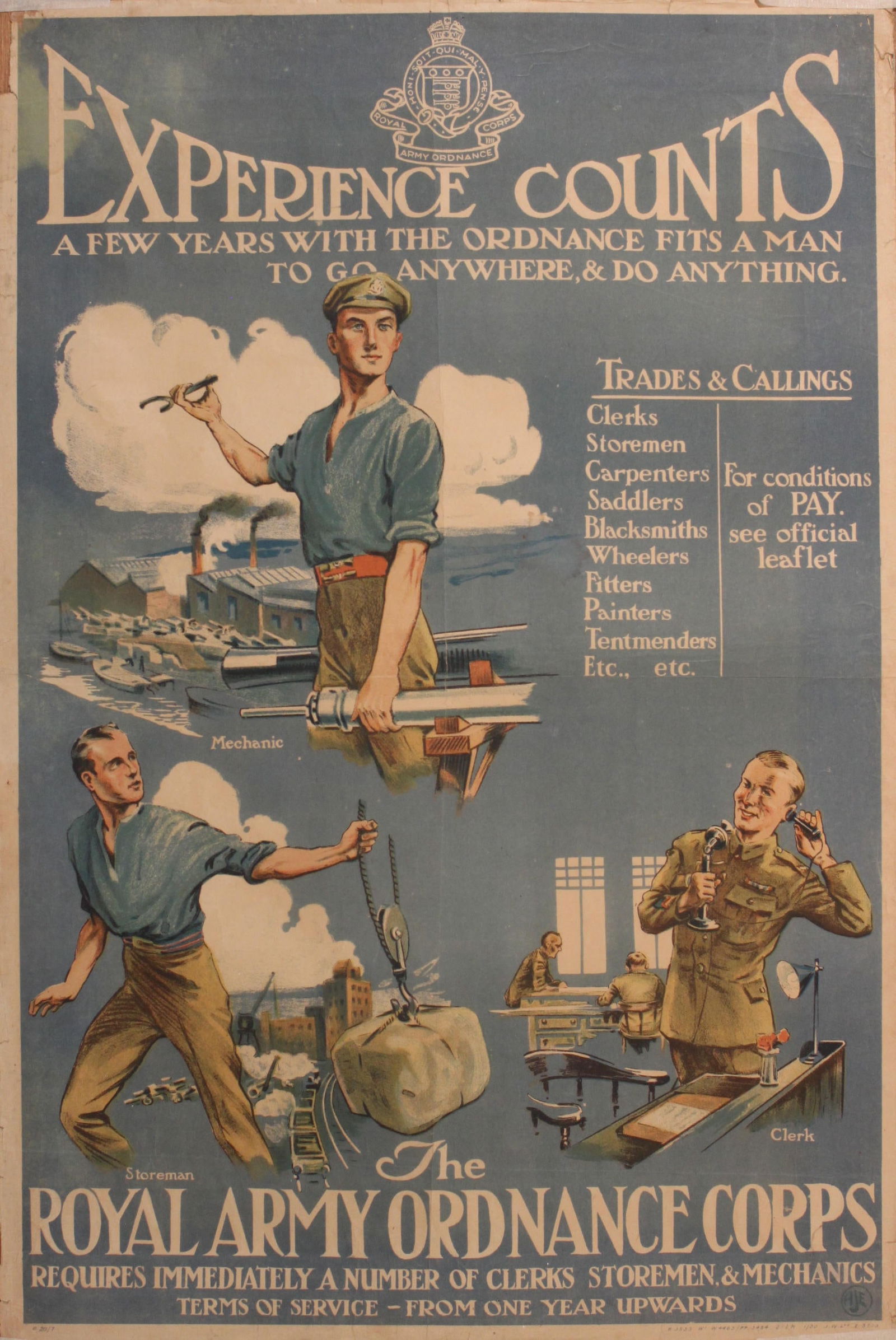 Anon Experience Counts The Royal Army Ordnance Corps, original post WW1 recruitment poster printed (1 of 1)