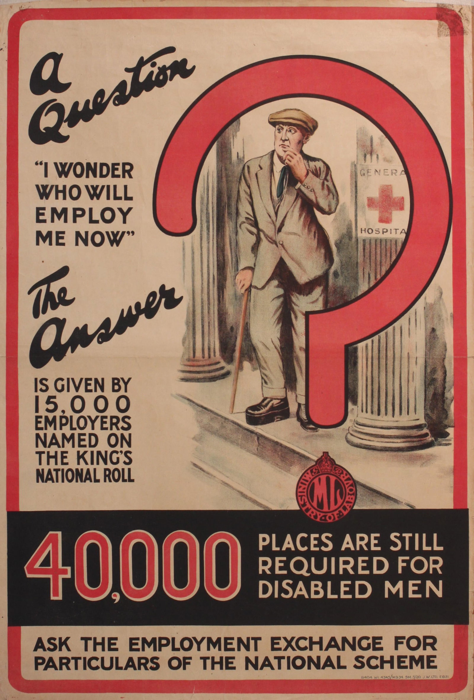 Anon A question ?, original Ministry of Labour poster printed by Weiner May 1920 - 76 x 51 cm: Anon A question ?, original Ministry of Labour poster printed by Weiner May 1920 - 76 x 51 cm