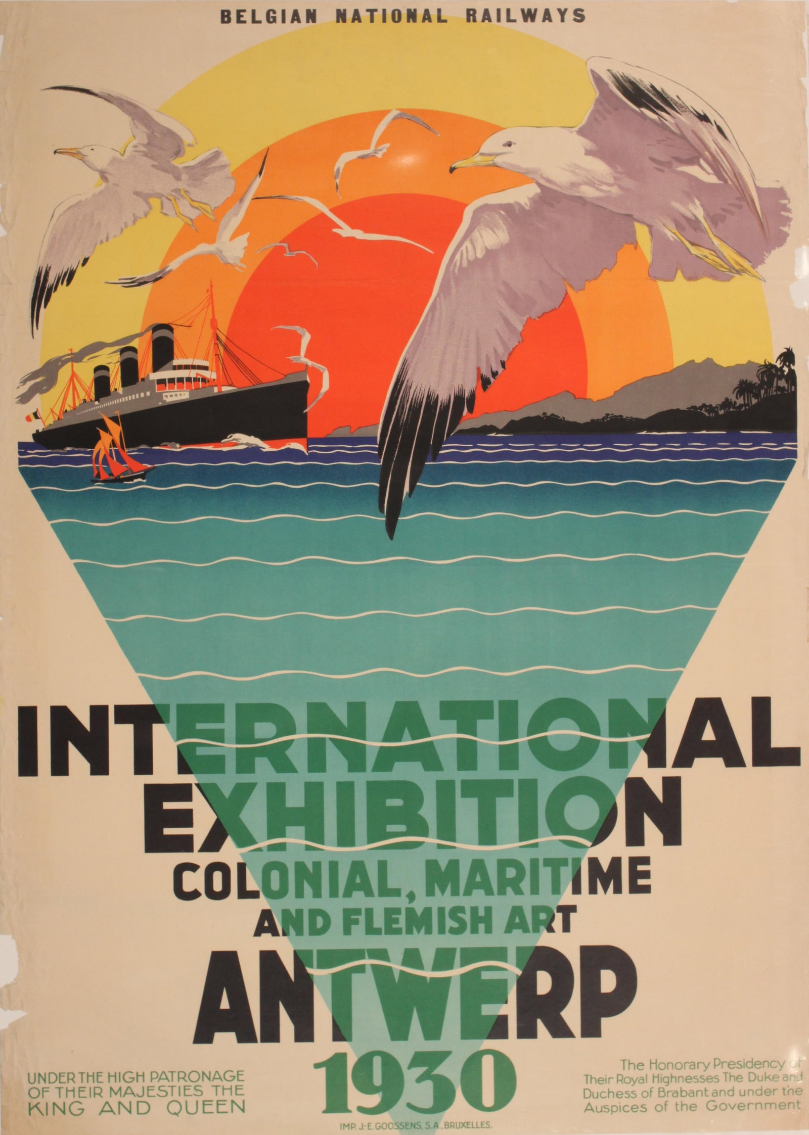 Anon International Exhibition Antwerp 1930, original poster printed for Belgian National Railways by: Anon International Exhibition Antwerp 1930, original poster printed for Belgian National Railways by Goossens Bruxelles 1930 - 106 x 75 cm
