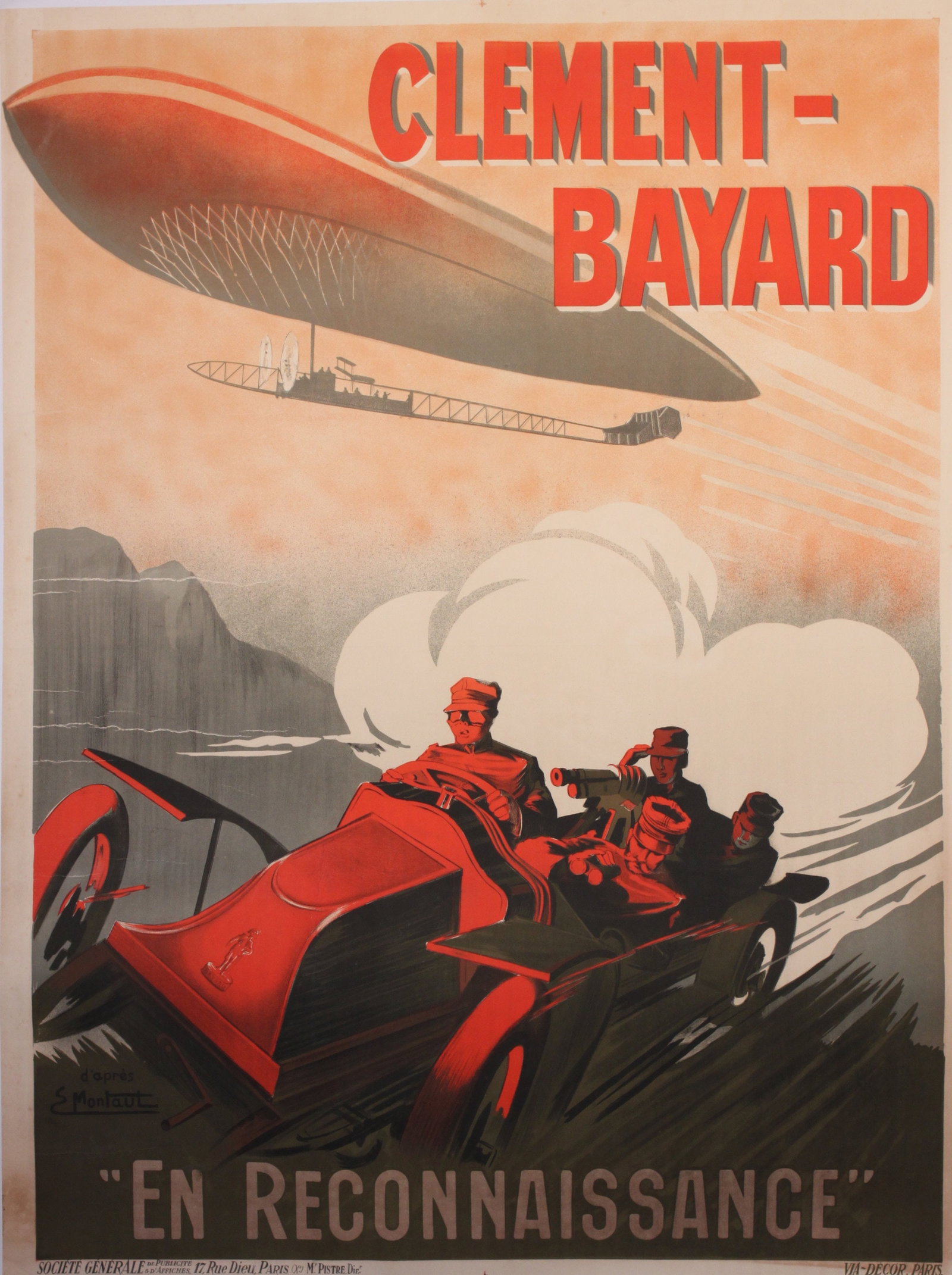 E Montaut (Ernest 1878-1090) Clement-Bayard "En Reconnaissance", original poster printed for Clement (1 of 1)