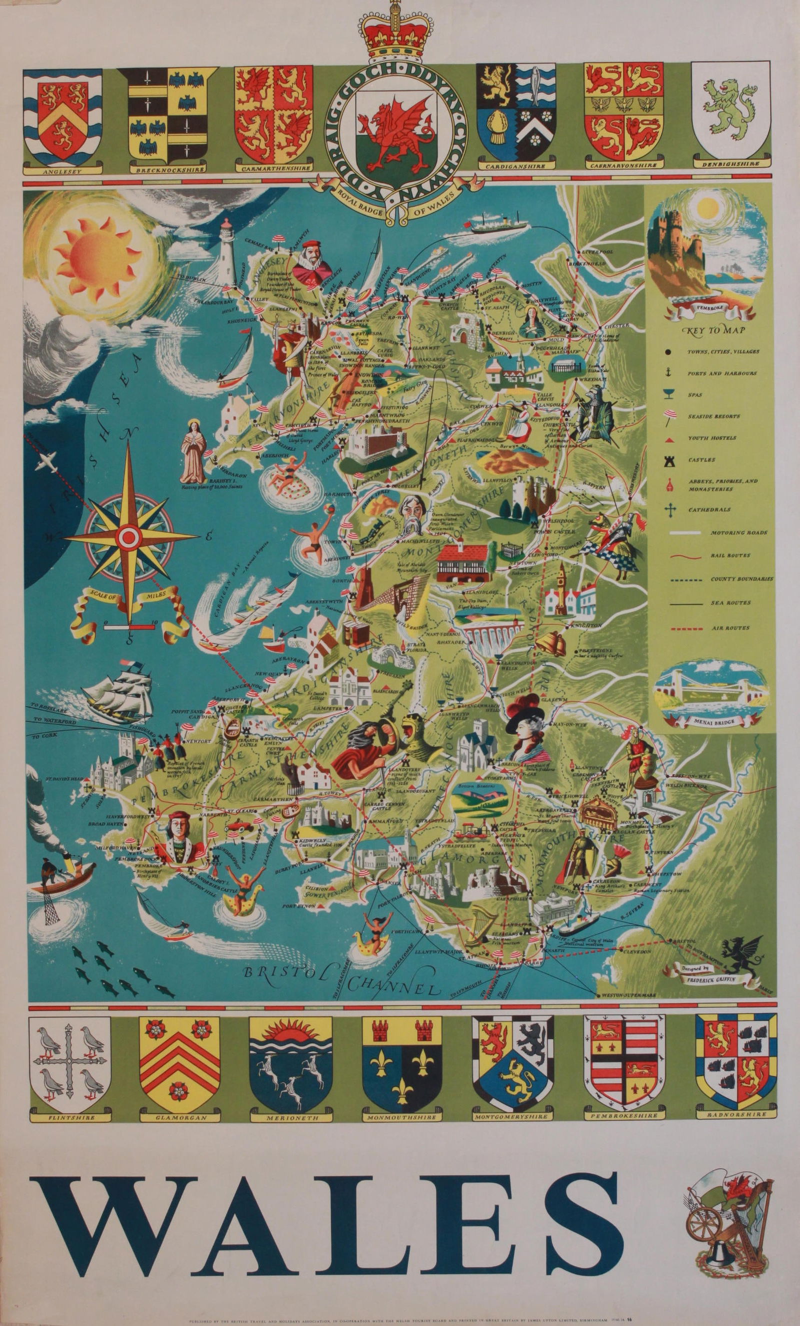 Frederick Griffon Wales, poster map with vignettes, printed for the BT&H Assoc. by Upton c. 1950 - (1 of 1)