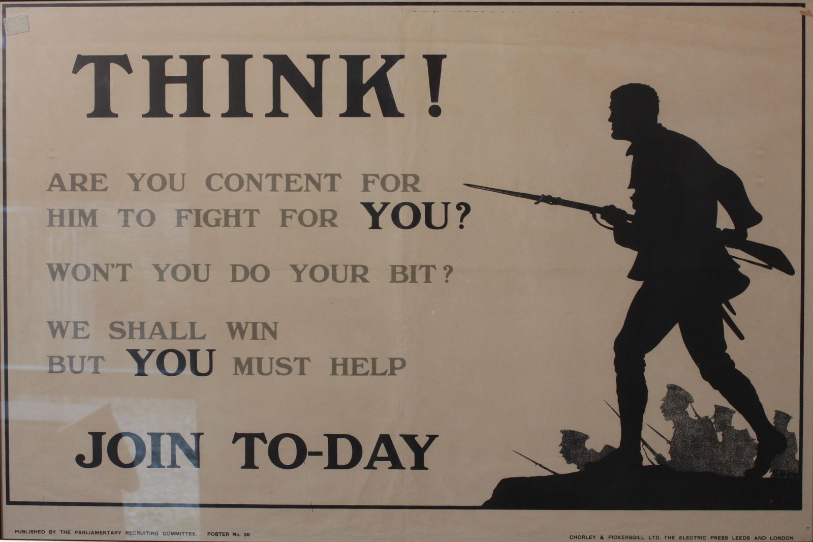 Anon Think! Are you content for him to fight for You ? original PRC poster No 38 printed by Chorley: Anon Think! Are you content for him to fight for You ? original PRC poster No 38 printed by Chorley & Pickersgill 1914 - 76 x 51 cm