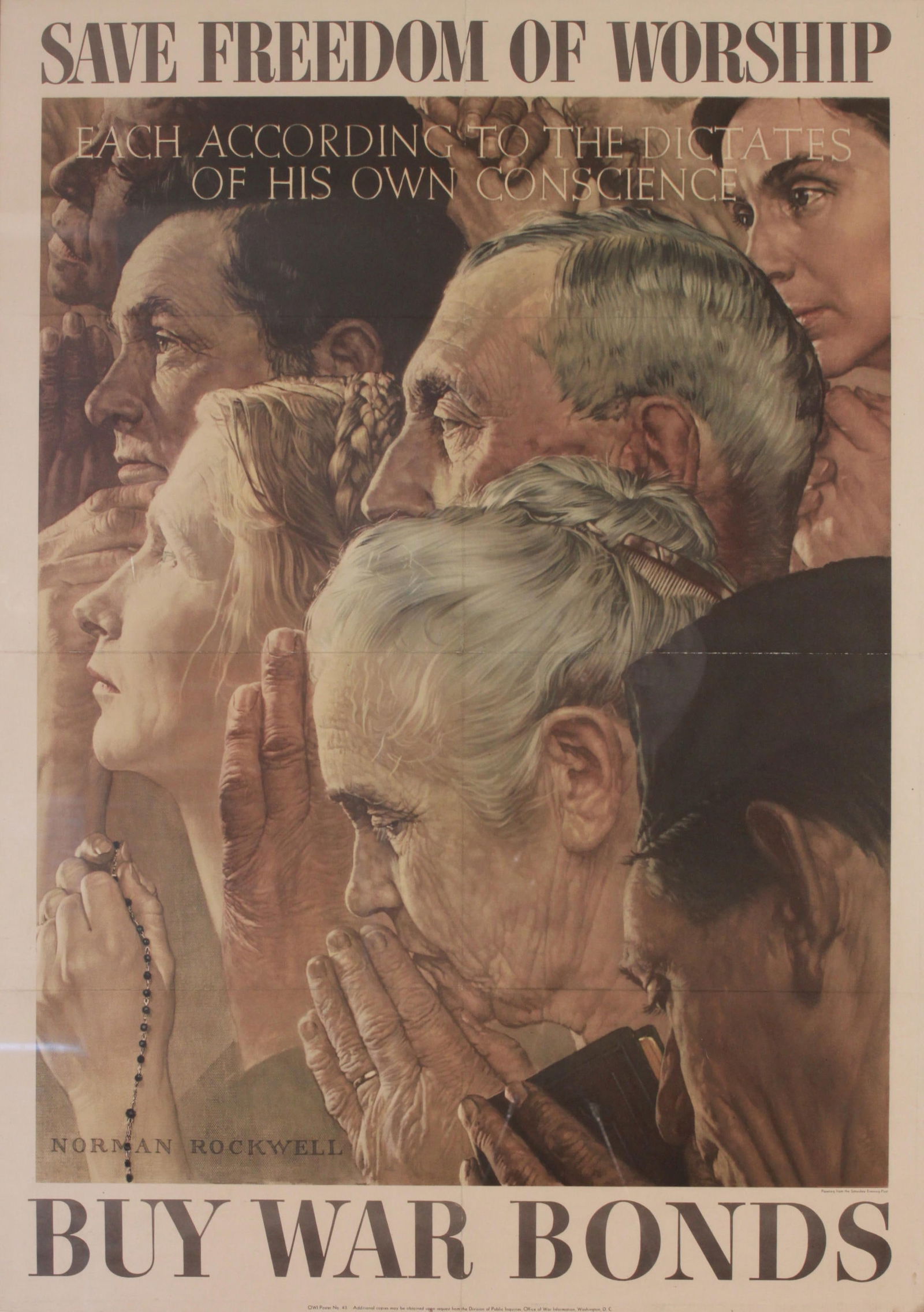 Norman Rockwell (1894-1978) Save Freedom Of Worship Buy War Bonds,  original WW2 poster No 43 (1 of 1)