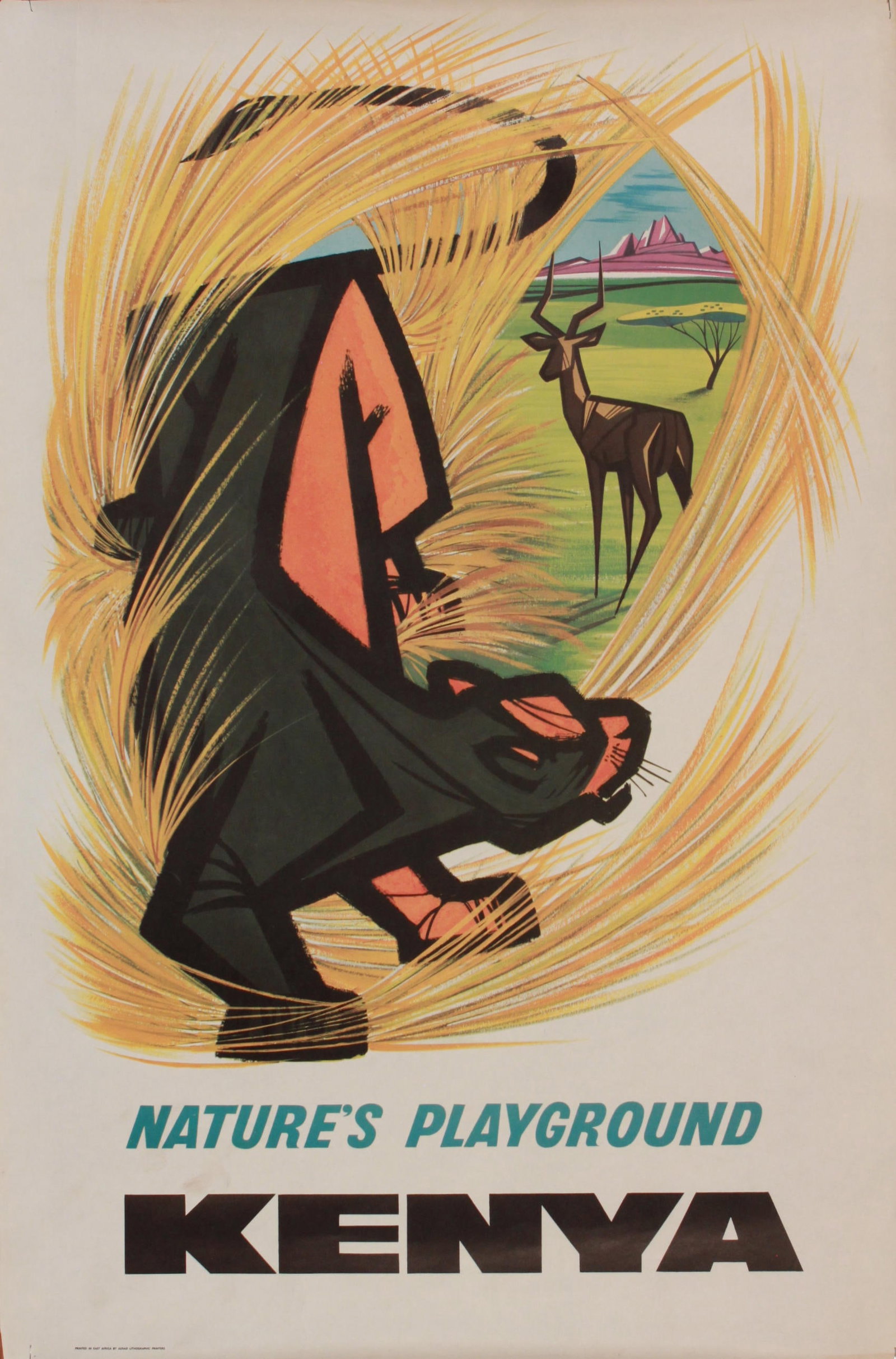 Anon Nature's Playground Kenya, original poster printed for East African Airways by Aerad - 76 x 51: Anon Nature's Playground Kenya, original poster printed for East African Airways by Aerad - 76 x 51 cm “Formerly the property of Cabin Service Director W G Barrett BOAC BA 1957 – 1988” AND T