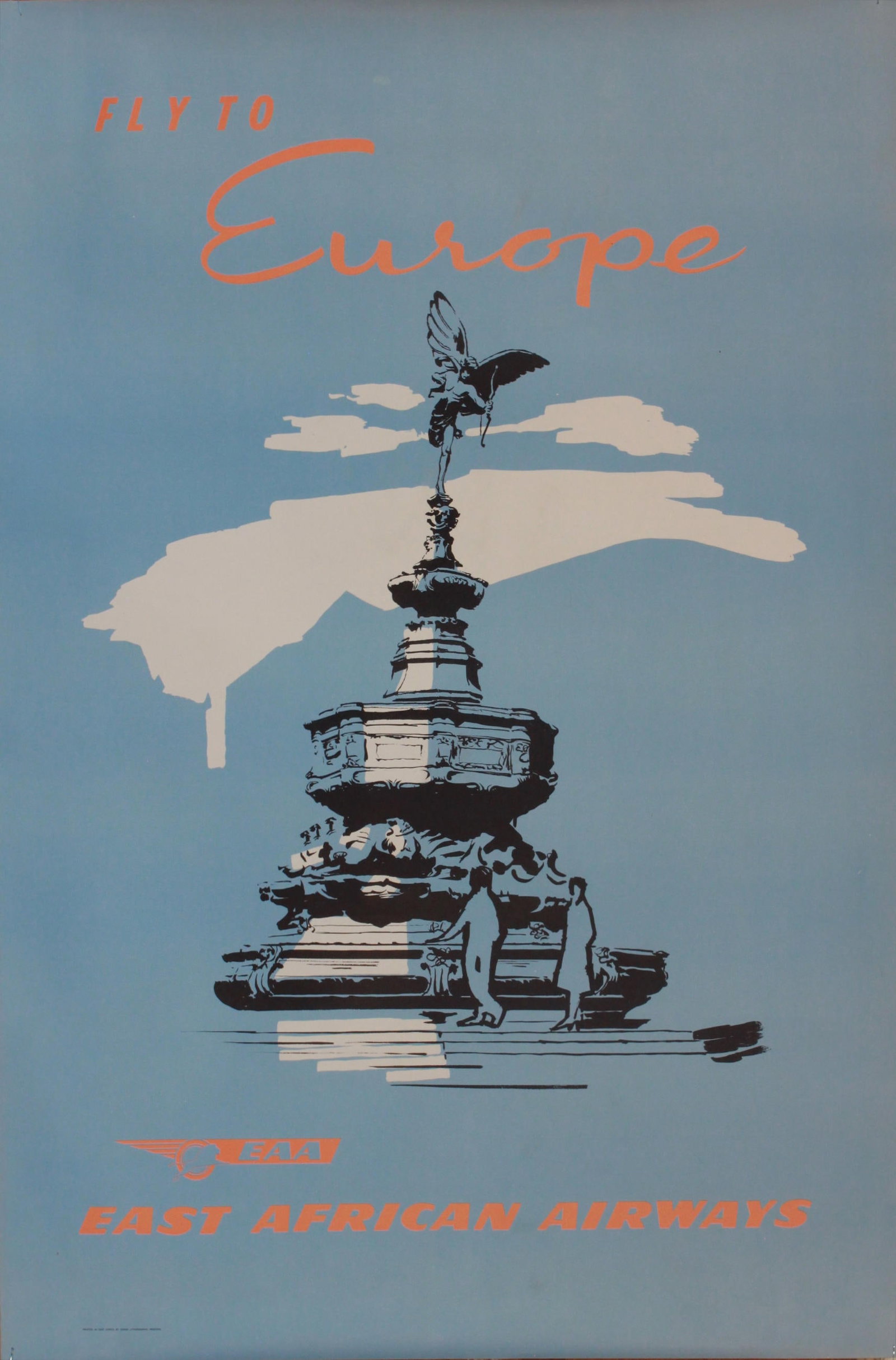 Fly to Europe (Anteros), original poster printed for East African Airways by Aerad - 76 x 51 cm: Fly to Europe (Anteros), original poster printed for East African Airways by Aerad - 76 x 51 cm